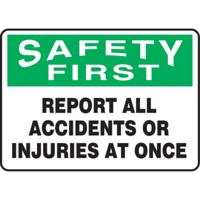 Enseigne « Report All Accidents or Injuries », 10" x 14", Aluminium, Anglais