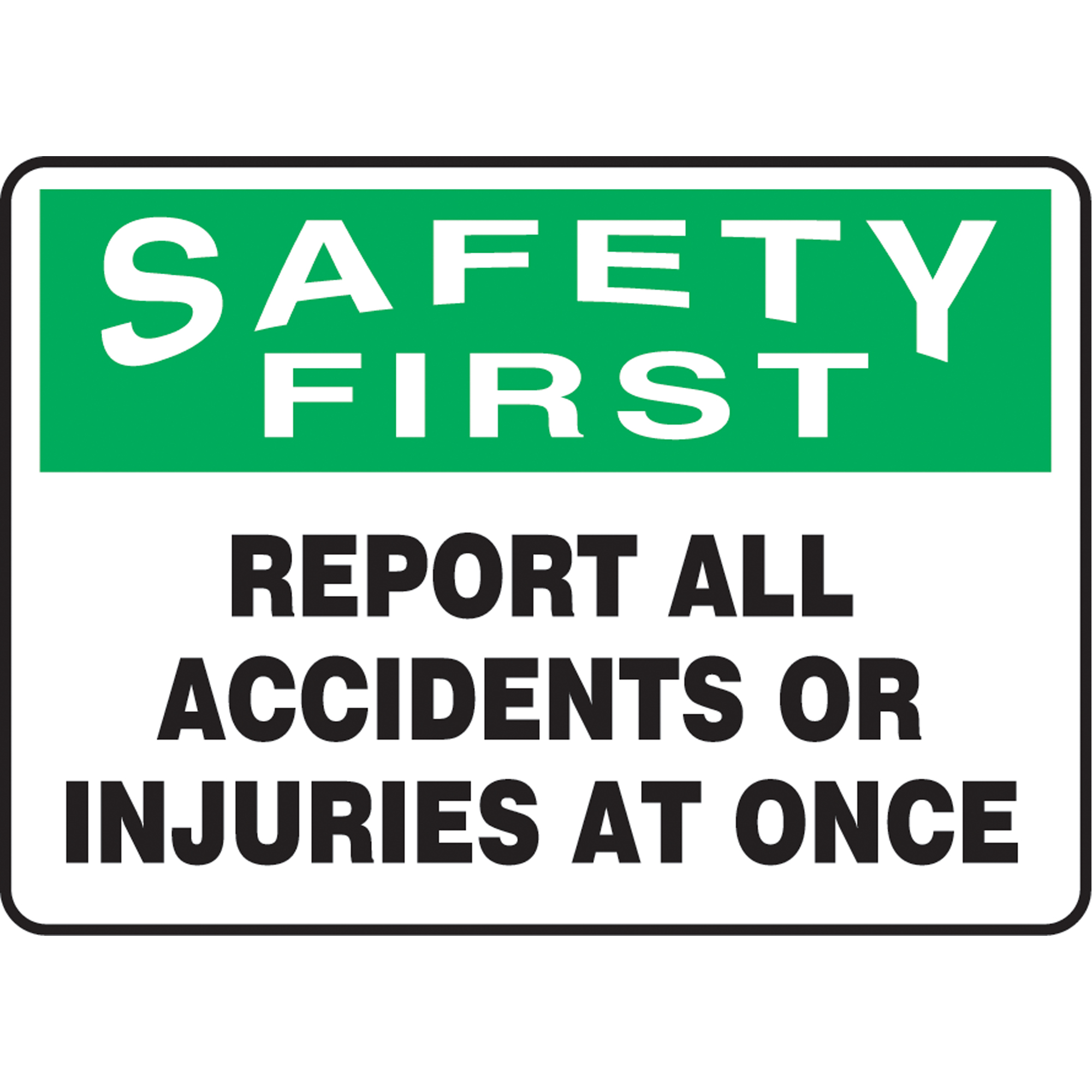 Enseigne « Report All Accidents or Injuries », 10" x 14", Aluminium, Anglais