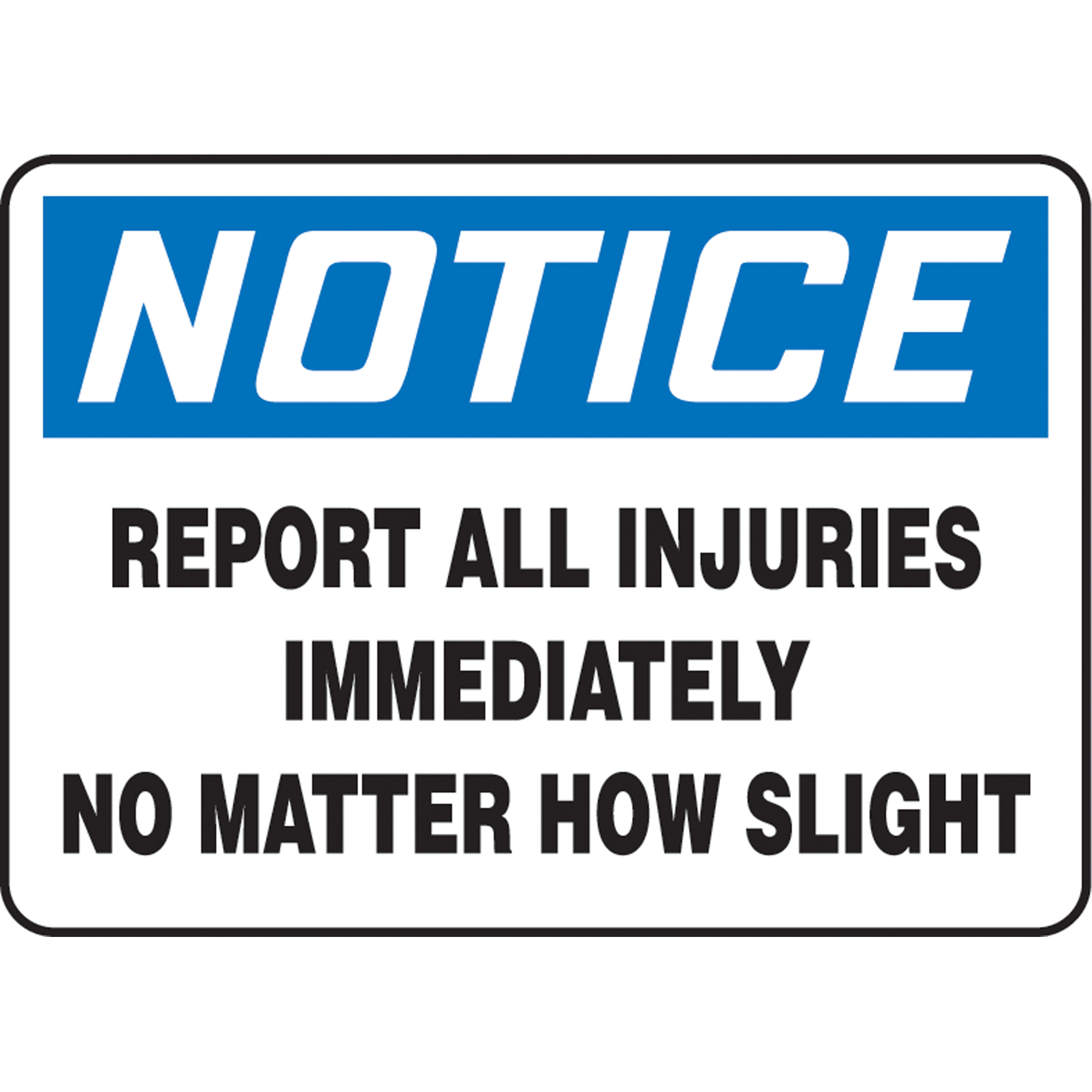 Enseigne « Report All Injuries », 10" x 14", Aluminium, Anglais
