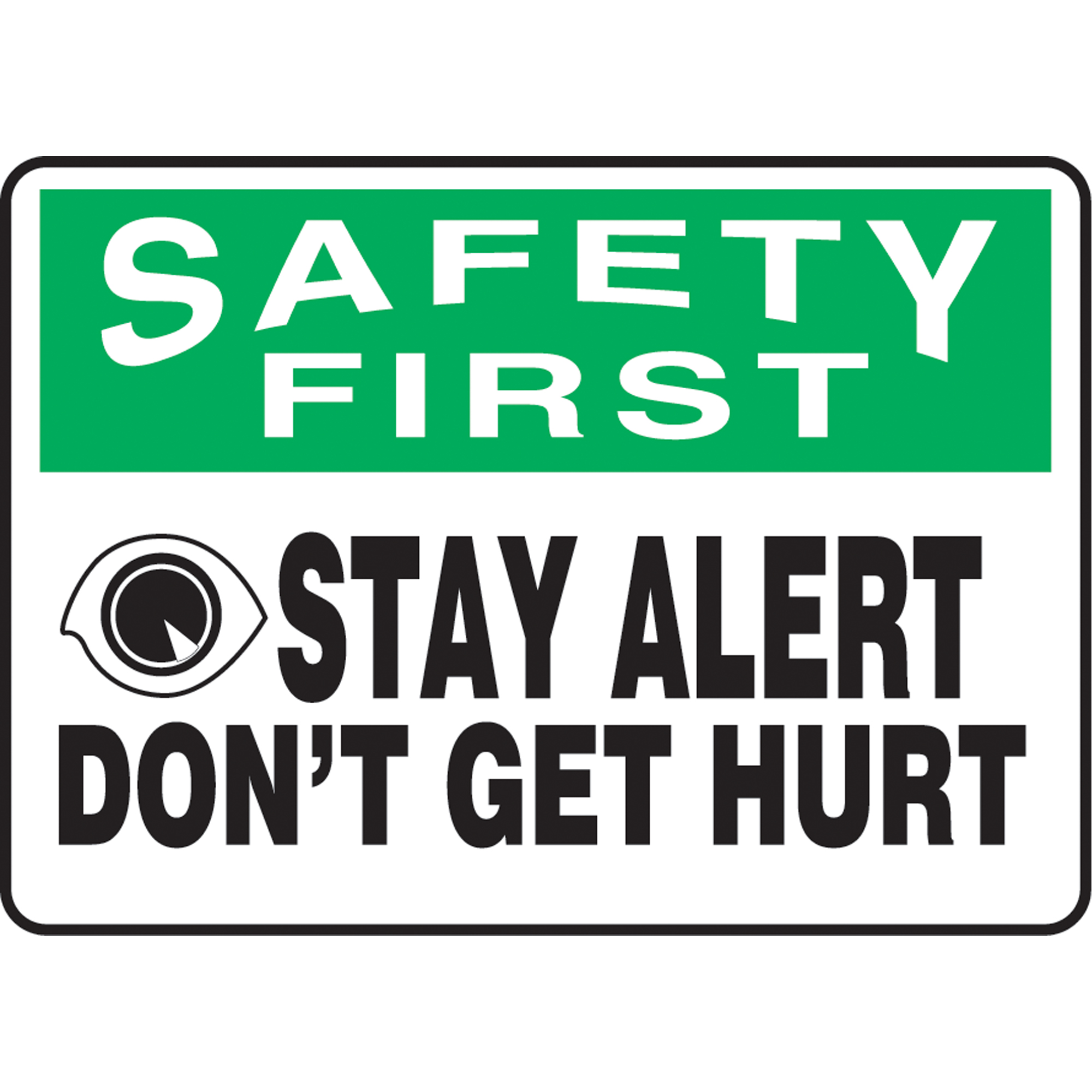 Enseigne « Stay Alert », 10" x 14", Aluminium, Anglais avec pictogramme