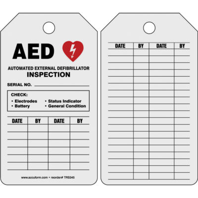 Étiquette de sécurité d’état d’inspection de défibrillateur automatique externe, 5-3/4" x 3-1/4", Papier, Anglais