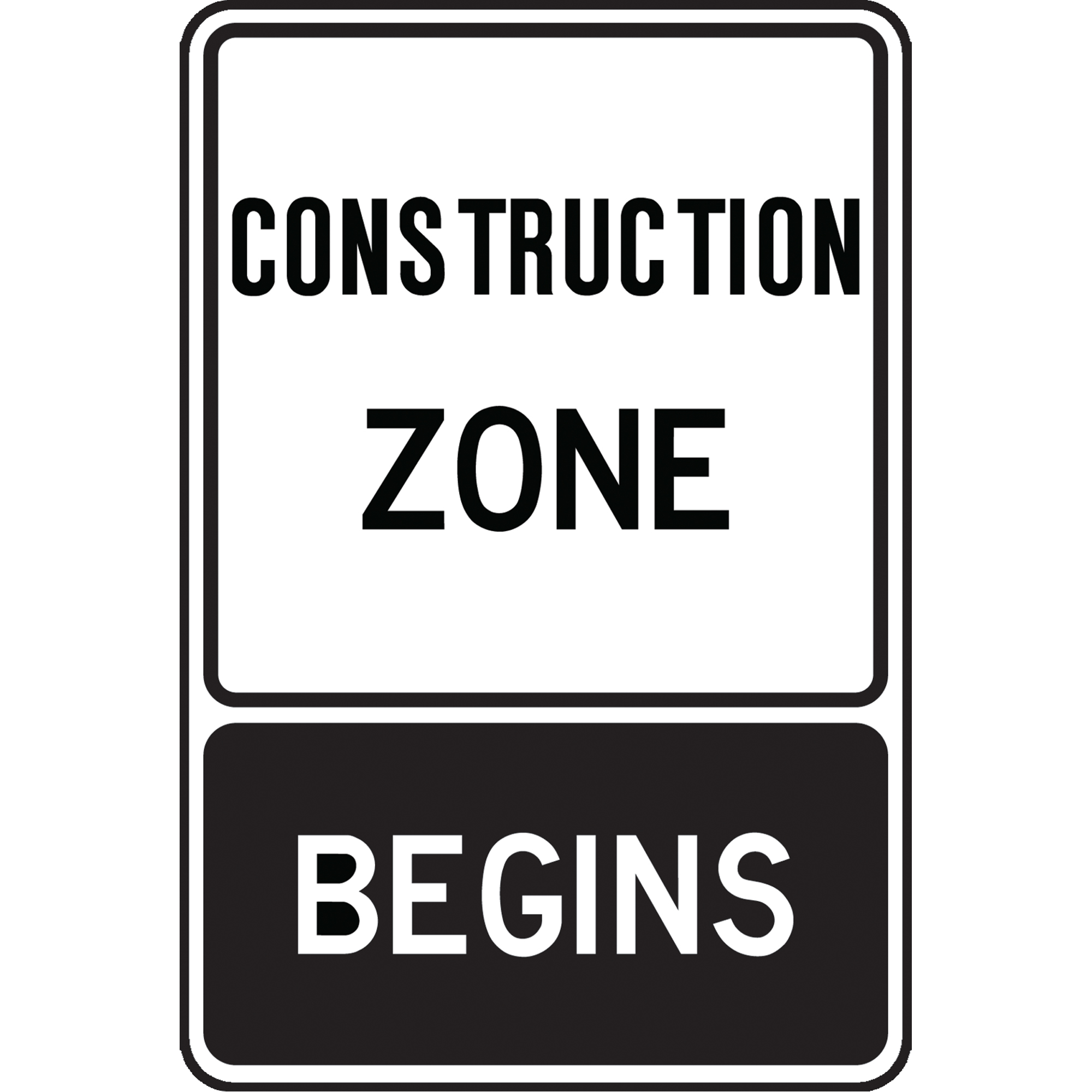 Panneau d'avertissement temporaire « Construction Zone Begins », 36" x 24", Aluminium, Anglais