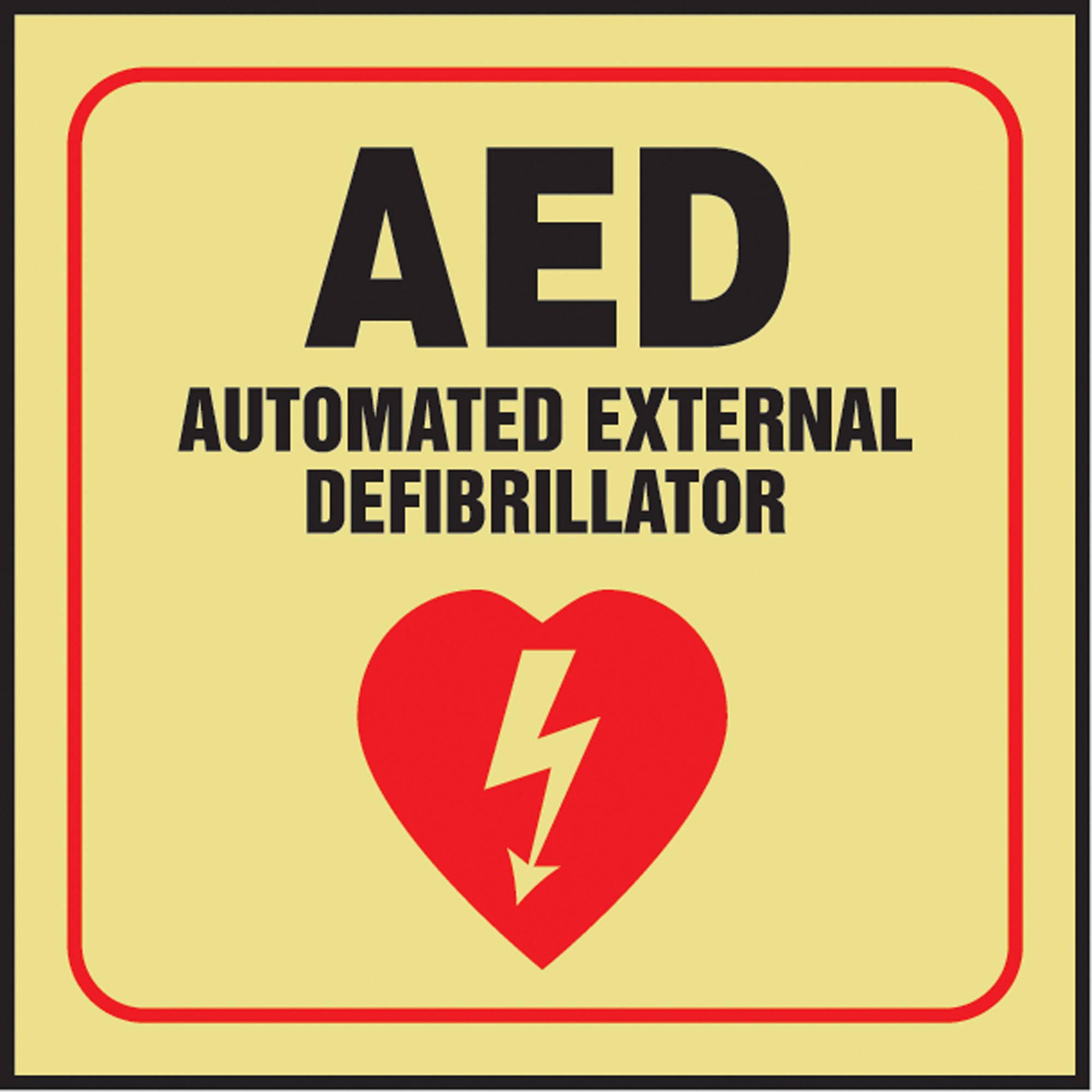 Panneau de sécurité phosphorescent « AED » ProjectionMC, 6" x 5", Plastique, Anglais avec pictogramme