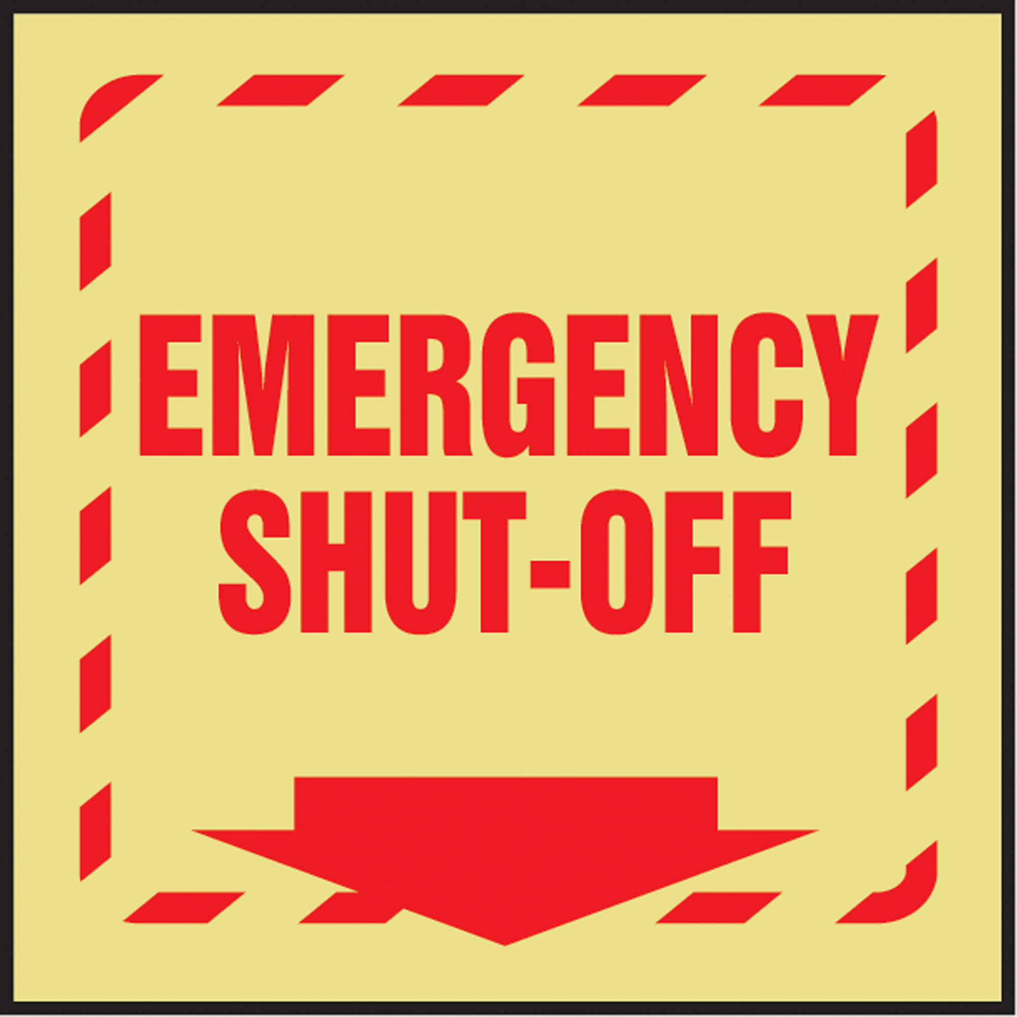 Panneau de sécurité phosphorescent « Emergency Shut-Off » ProjectionMC, 8" x 8", Plastique, Anglais avec pictogramme