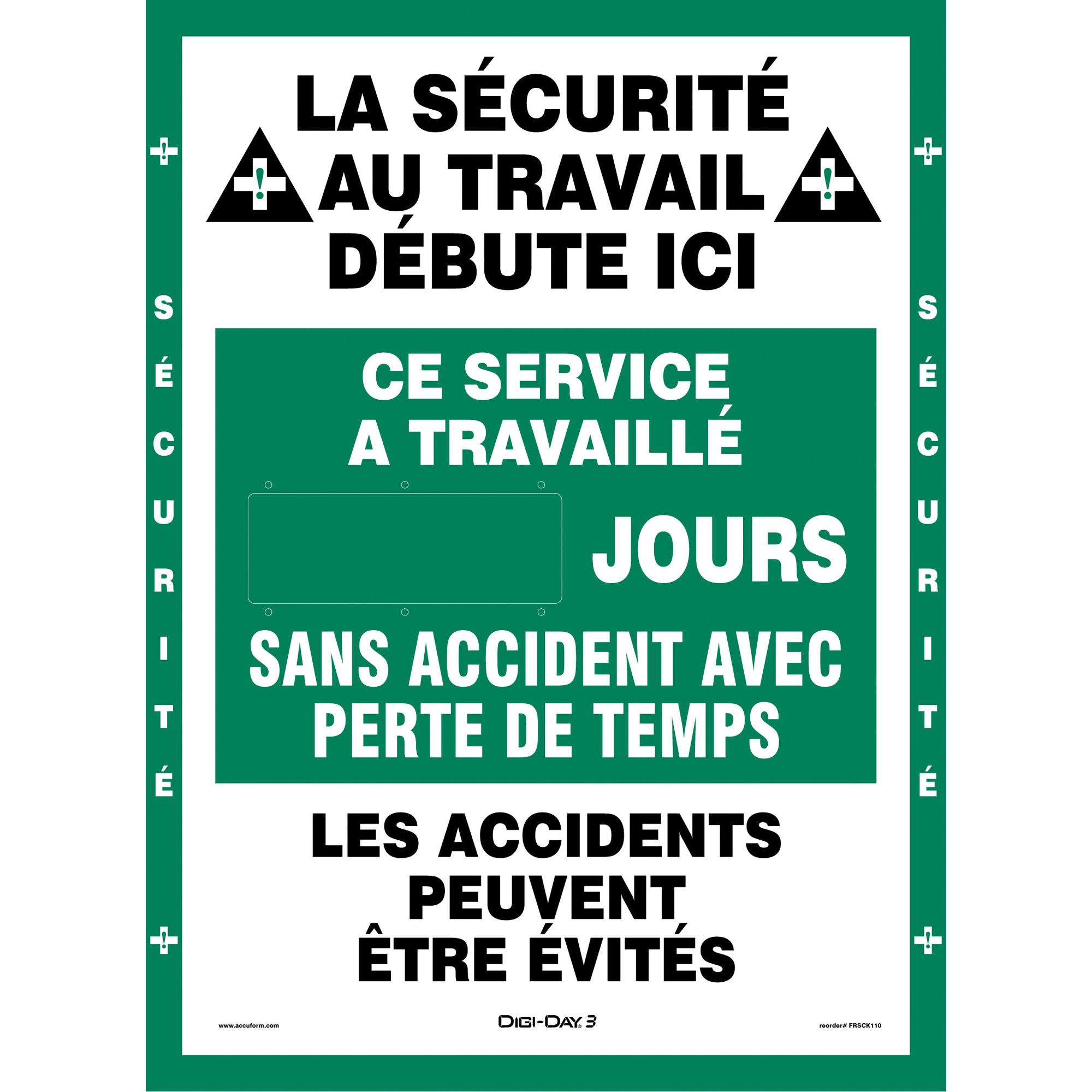 Panneau électronique Digi-DayMD 3 « Jours sans accident », 28" x 20", Aluminium, Français avec pictogramme