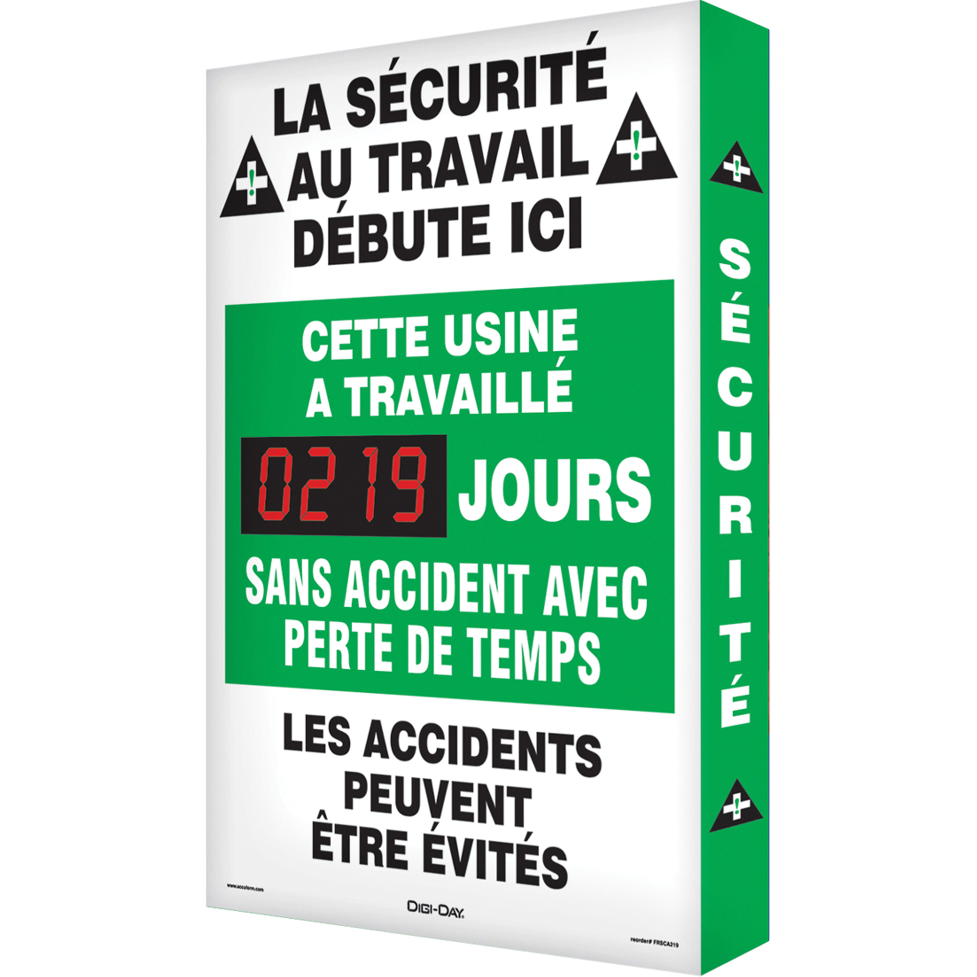 Panneau électronique Digi-DayMD 3 « Jours sans accident », 28" x 20", Aluminium, Français avec pictogramme