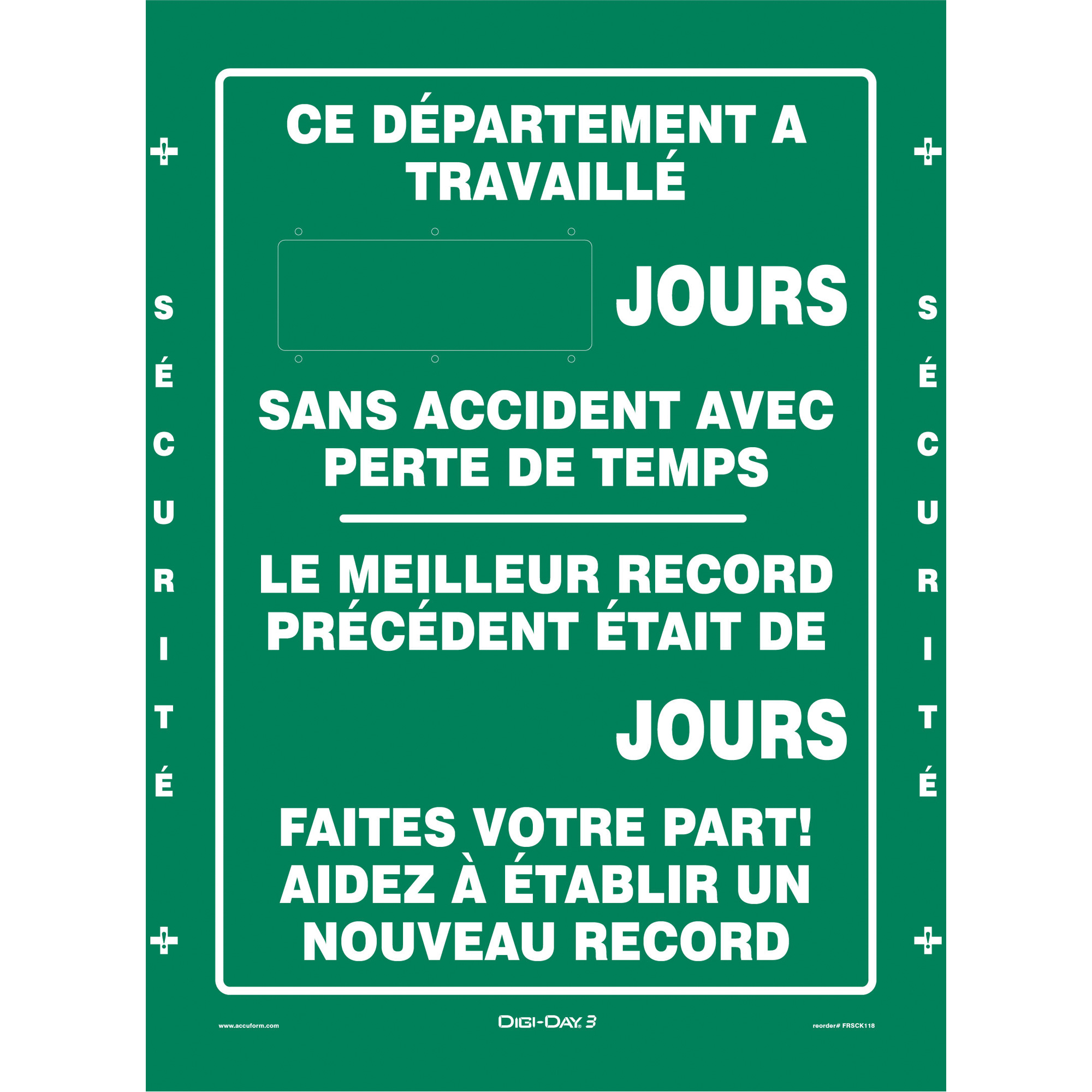 Panneau électronique Digi-DayMD 3 « Jours sans accident », 28" x 20", Aluminium, Français