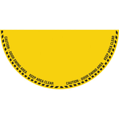 Signalisation au sol « Caution » (attention) pour porte battante en demi-cercle, Adhésif, Anglais avec pictogramme