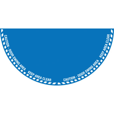 Signalisation au sol « Caution » (attention) pour porte battante en demi-cercle, Adhésif, Anglais avec pictogramme