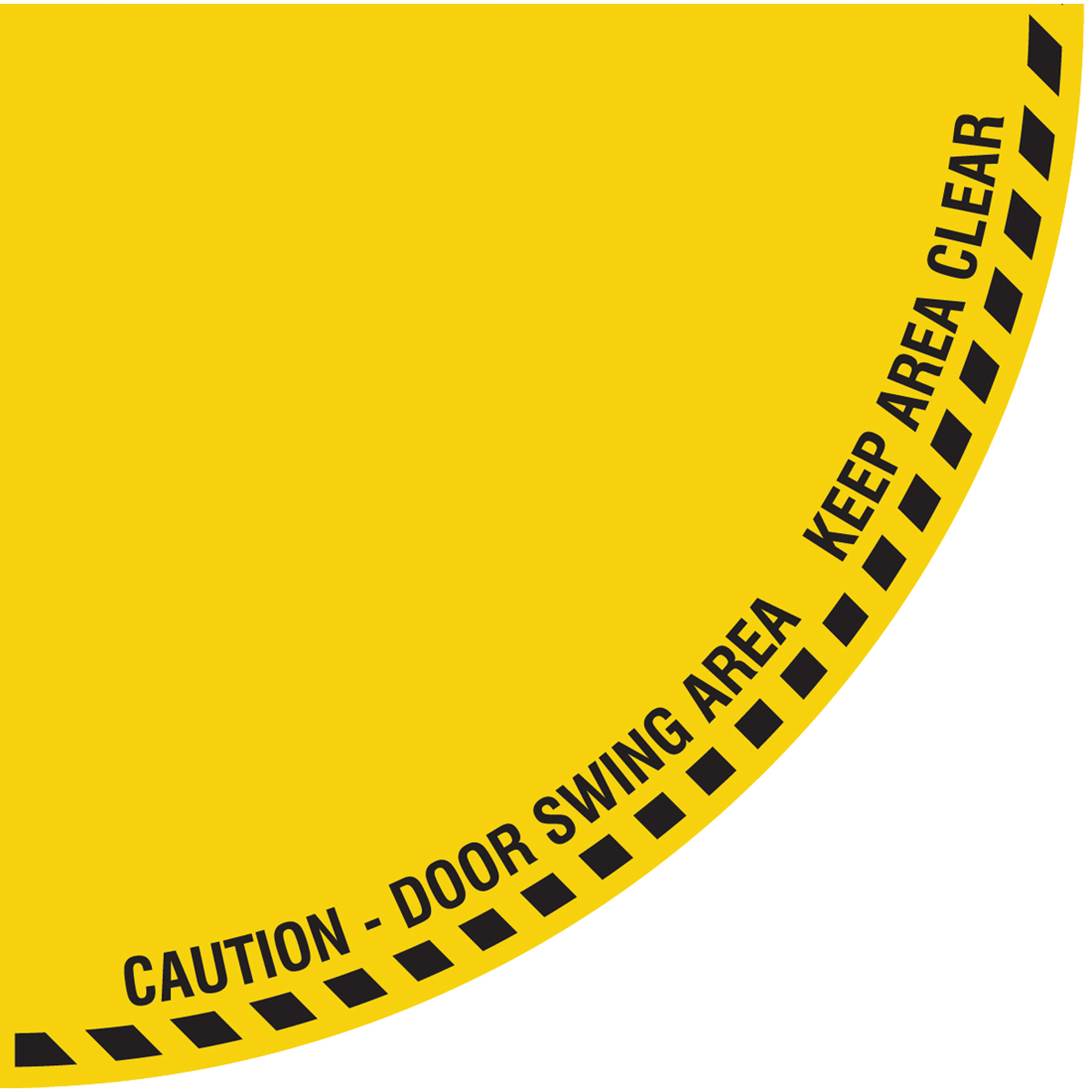 Signalisation au sol «?Caution?» (attention) pour porte battante en quart de cercle, Adhésif, Anglais avec pictogramme