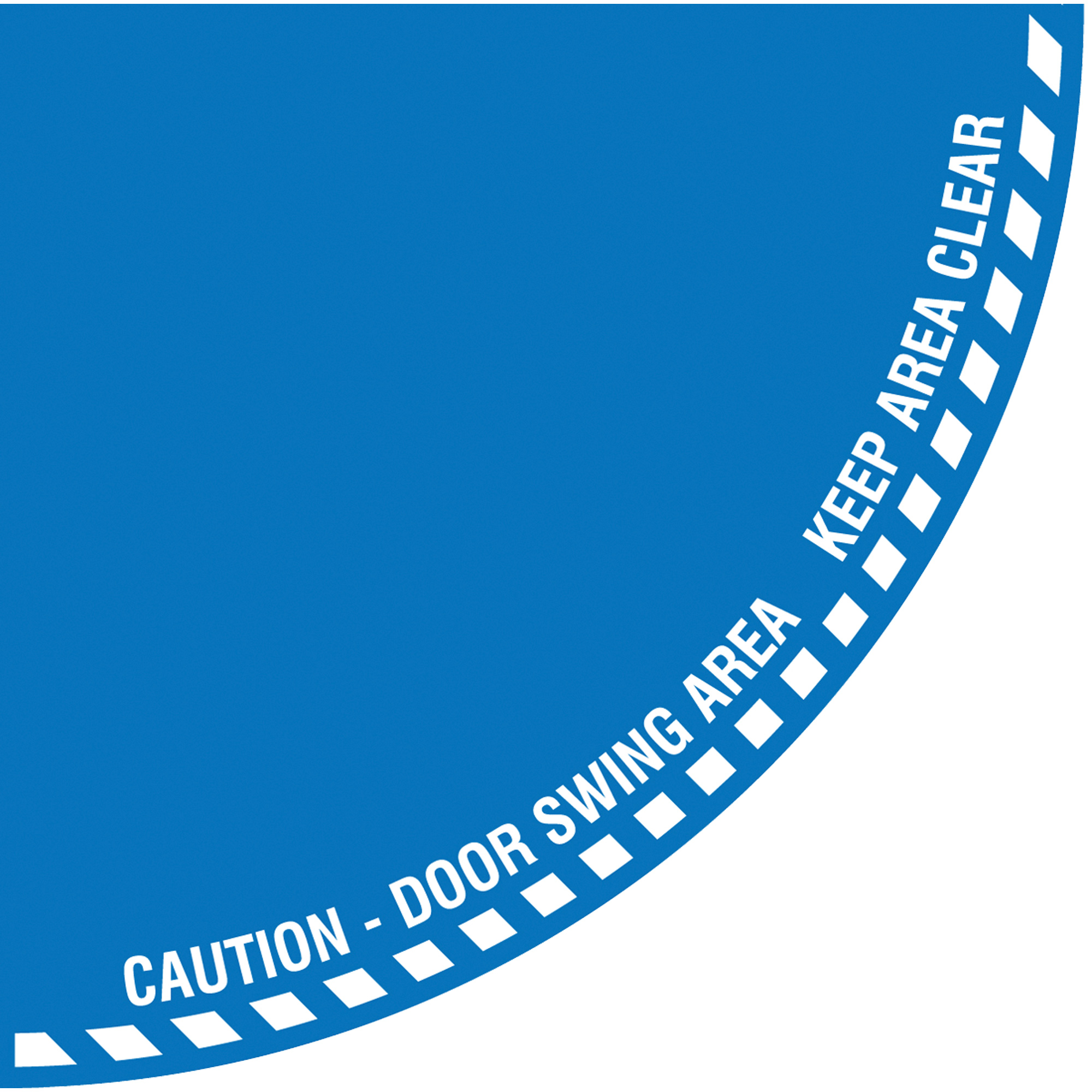 Signalisation au sol «?Caution?» (attention) pour porte battante en quart de cercle, Adhésif, Anglais avec pictogramme