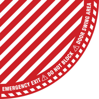 Signalisation au sol « Emergency Exit » (sortie de secours) pour porte battante en quart de cercle, Adhésif, Anglais avec pictogramme