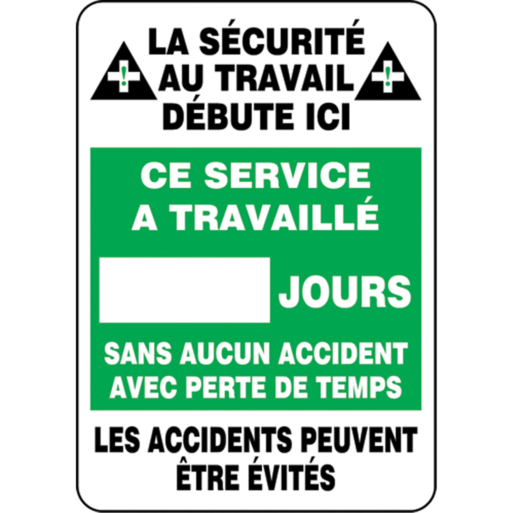 Tableau d'affichage Write-A-Day « Jours sans accident », 28" x 20", Plastique, Français avec pictogramme