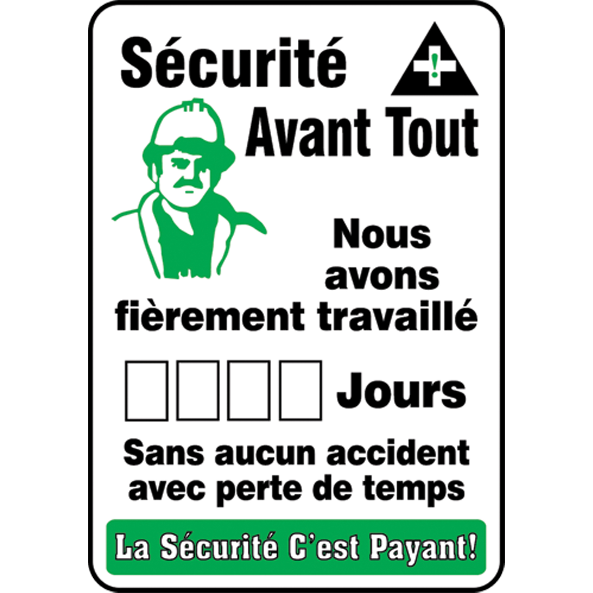 Tableau d'affichage Write-A-Day « Jours sans accident », 28" x 20", Plastique, Français avec pictogramme