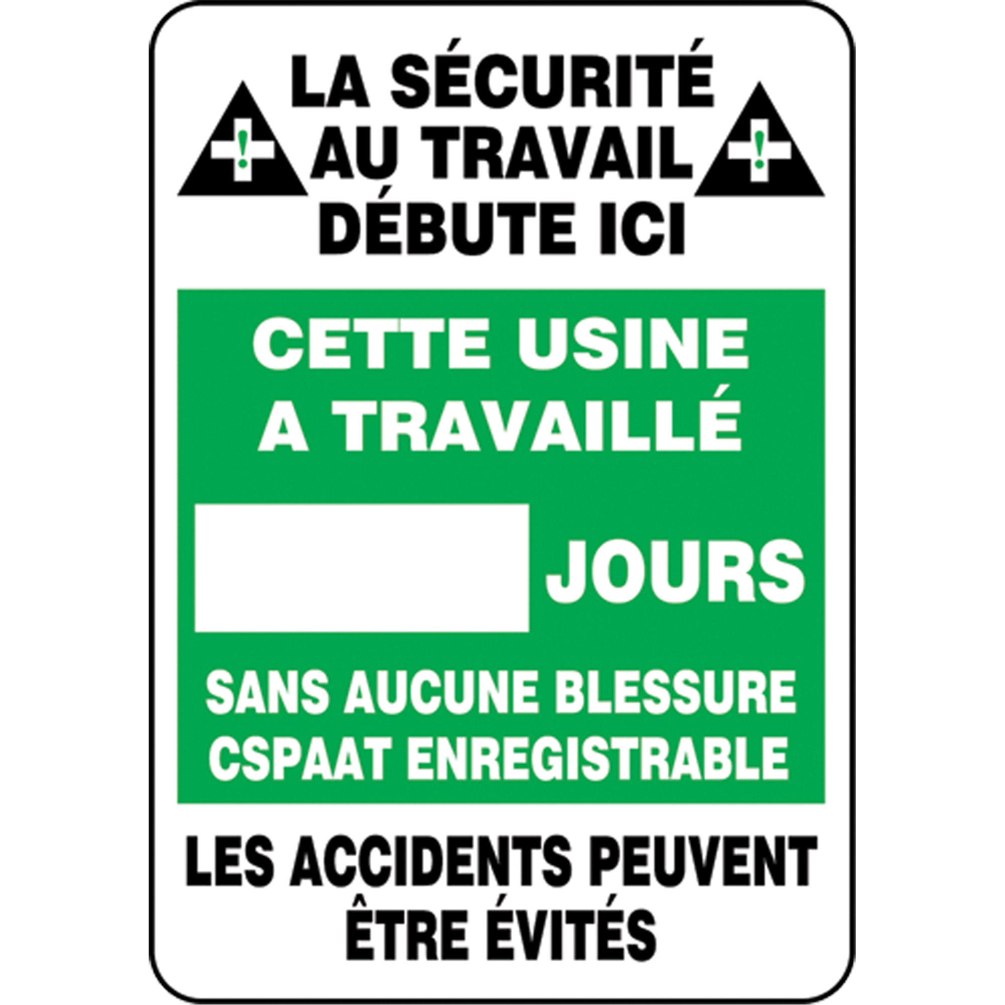 Tableau d'affichage Write-A-Day « Jours sans accident », 28" x 20", Plastique, Français avec pictogramme