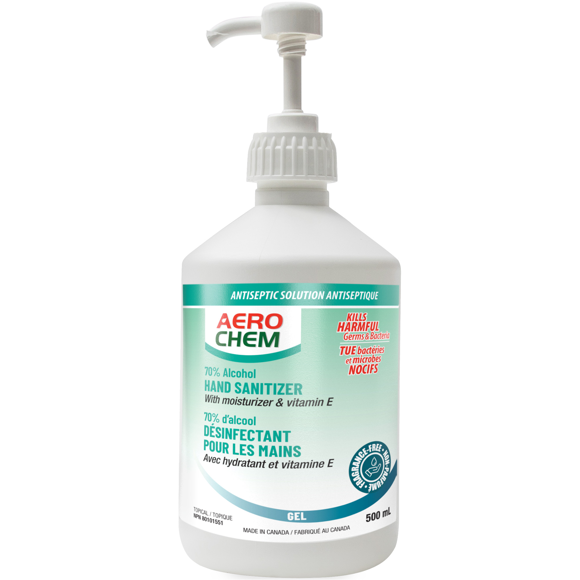 Gel désinfectant pour les mains, 500 ml, Bouteille à pompe, 70 % alcool