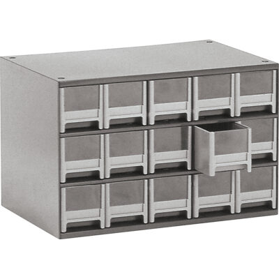 Casiers modulaires pour pièces, Acier, 15 tiroirs, 17" x 10-9/16" x 3-1/16", Gris