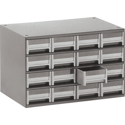 Casiers modulaires pour pièces, Acier, 16 tiroirs, 17" x 10-9/16" x 2-1/8", Gris