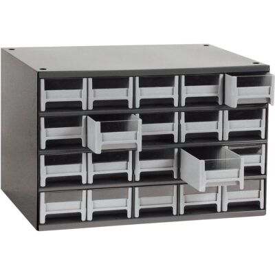 Casiers modulaires pour pièces, Acier, 20 tiroirs, 17" x 10-9/16" x 2-1/16", Gris