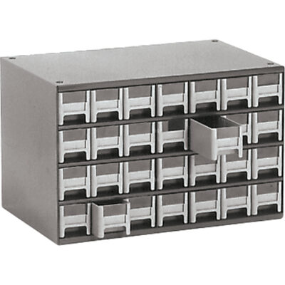 Casiers modulaires pour pièces, Acier, 28 tiroirs, 17" x 10-9/16" x 2-2/16", Gris