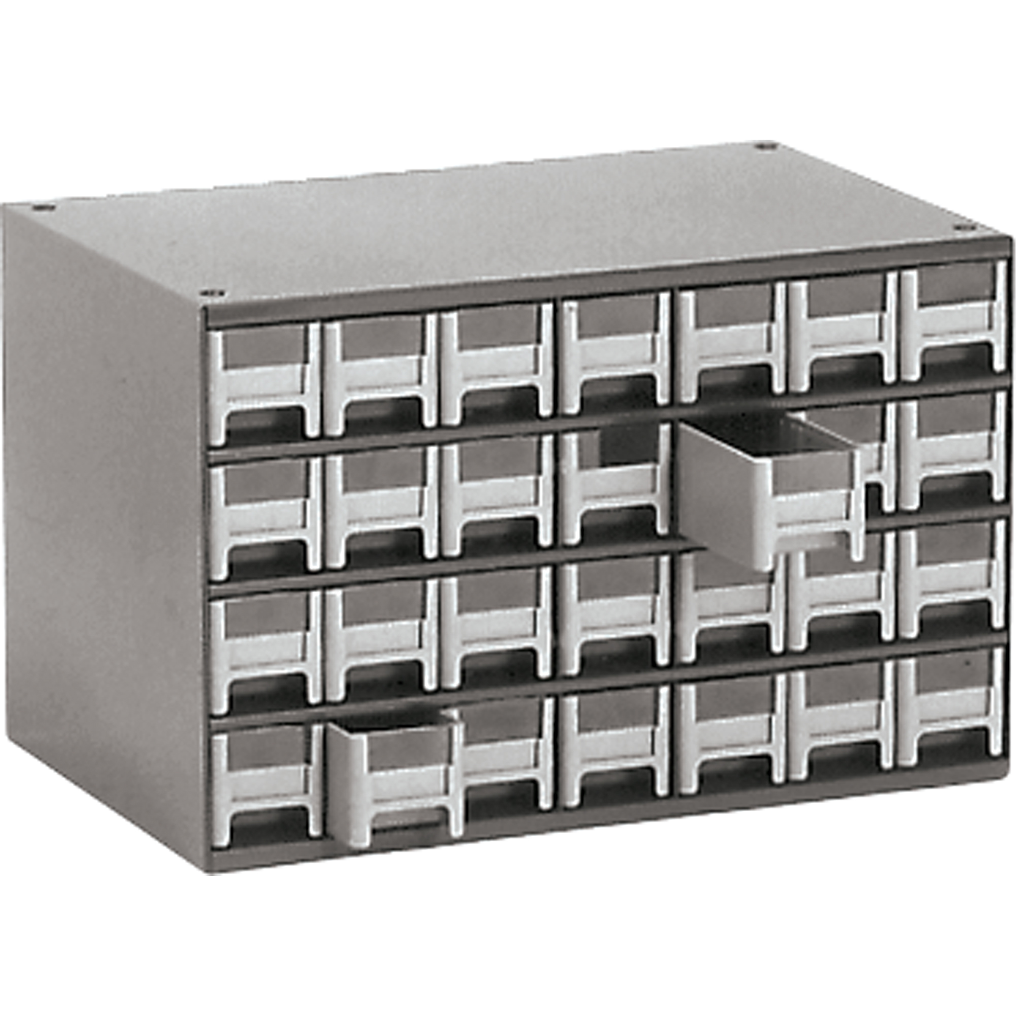 Casiers modulaires pour pièces, Acier, 28 tiroirs, 17" x 10-9/16" x 2-2/16", Gris