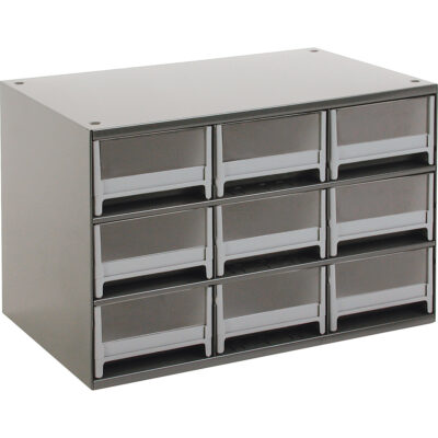 Casiers modulaires pour pièces, Acier, 9 tiroirs, 17" x 10-9/16" x 3-1/16", Gris