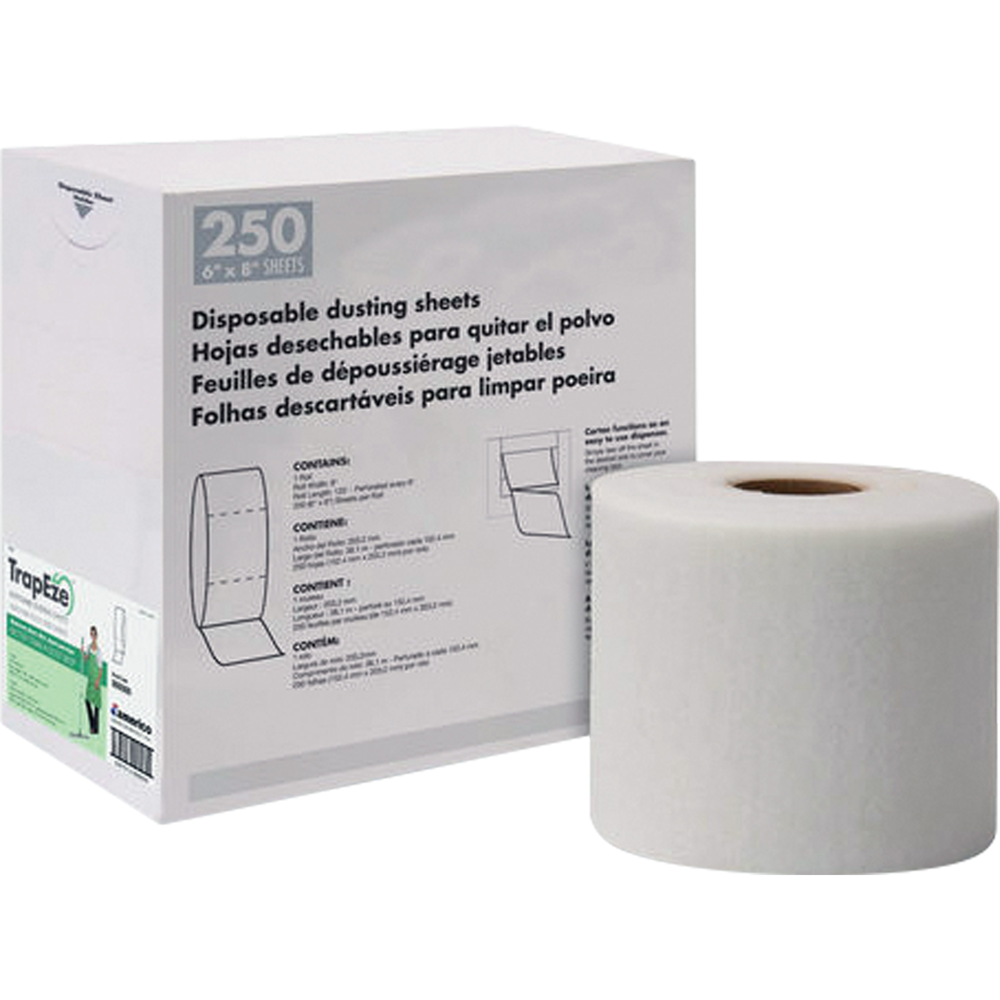 Feuilles à épousseter jetables en rouleau unique TrapEzeMD, Polyester, Blanc