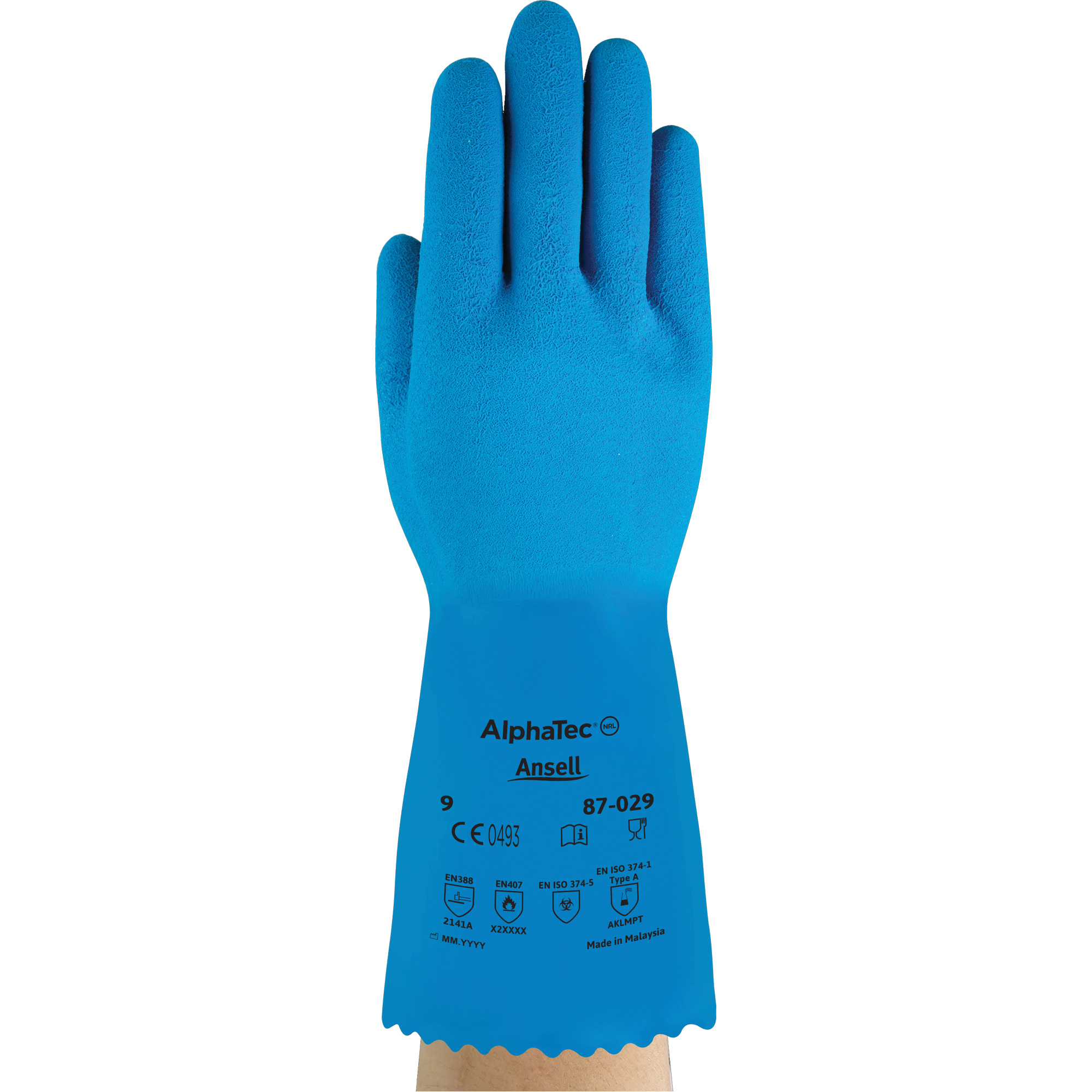 Gants AlphaTecMD 87-029, Taille Moyen/8, 12" lo, Latex de caoutchouc, Doublure en Nylon, 50 mils