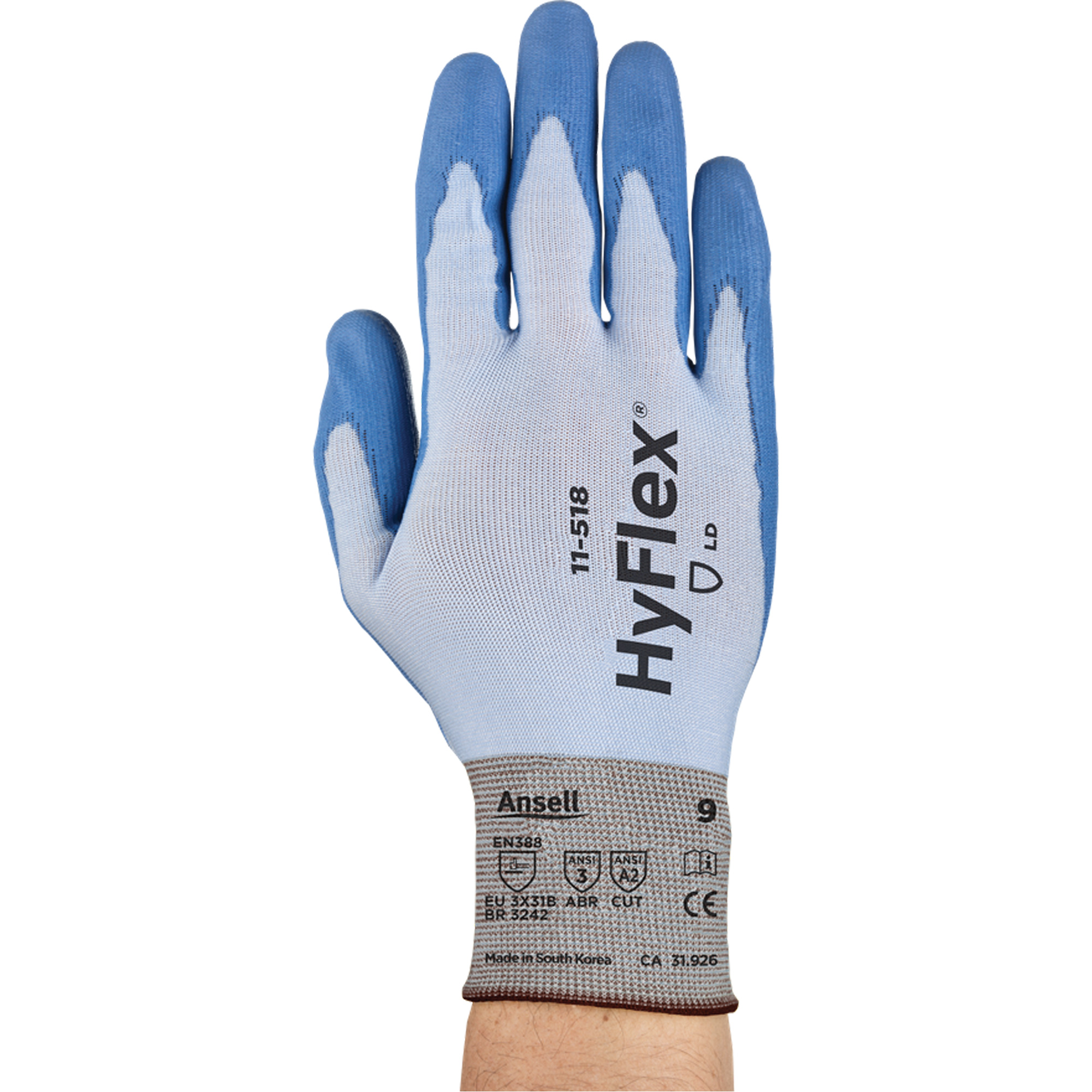 Gants Hy-FlexMD 11-518, Taille Grand/9, Calibre 18, Revêtement Polyuréthane, Enveloppe en DyneemaMD, ASTM ANSI niveau A2/EN 388 niveau B
