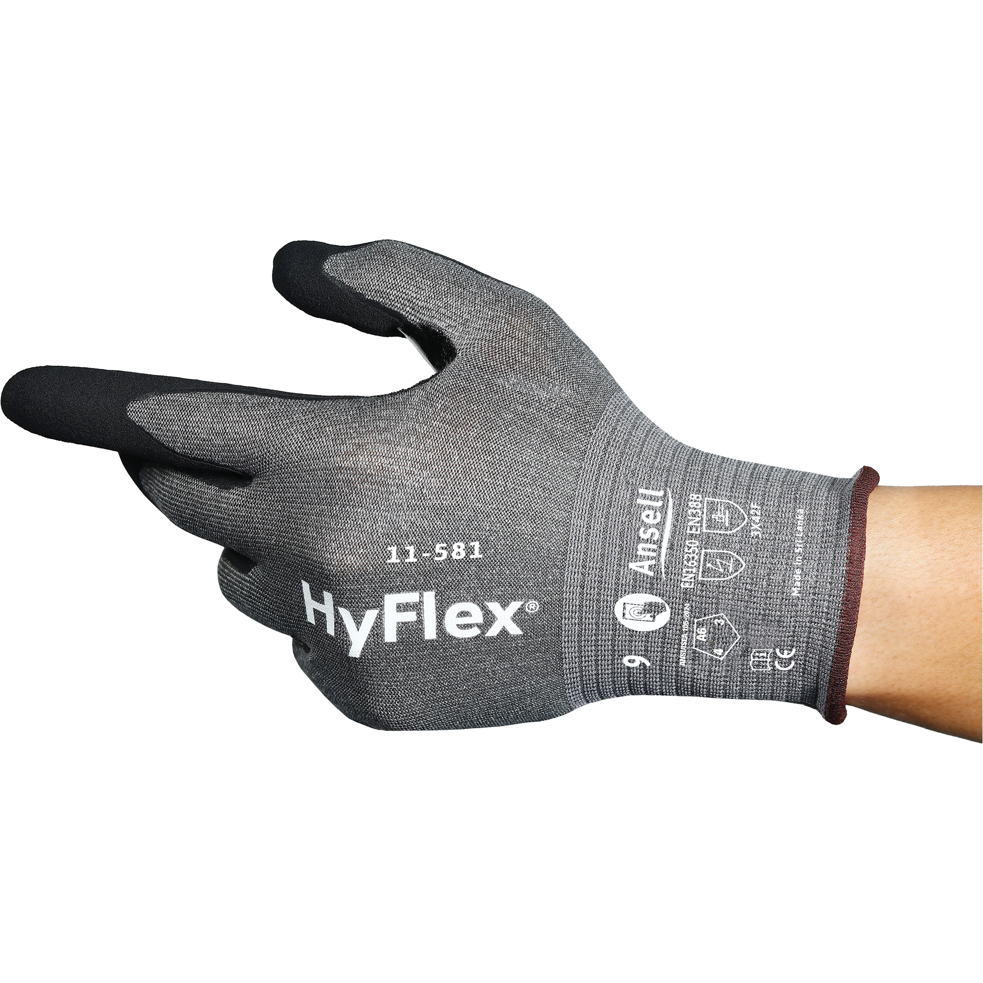 Gants industriels ultralégers 11-581 HyFlexMD, Taille 10, Calibre 21, Revêtement Nitrile, Enveloppe en Nylon/PEHP/Tungstène/Spandex, ASTM ANSI niveau A6