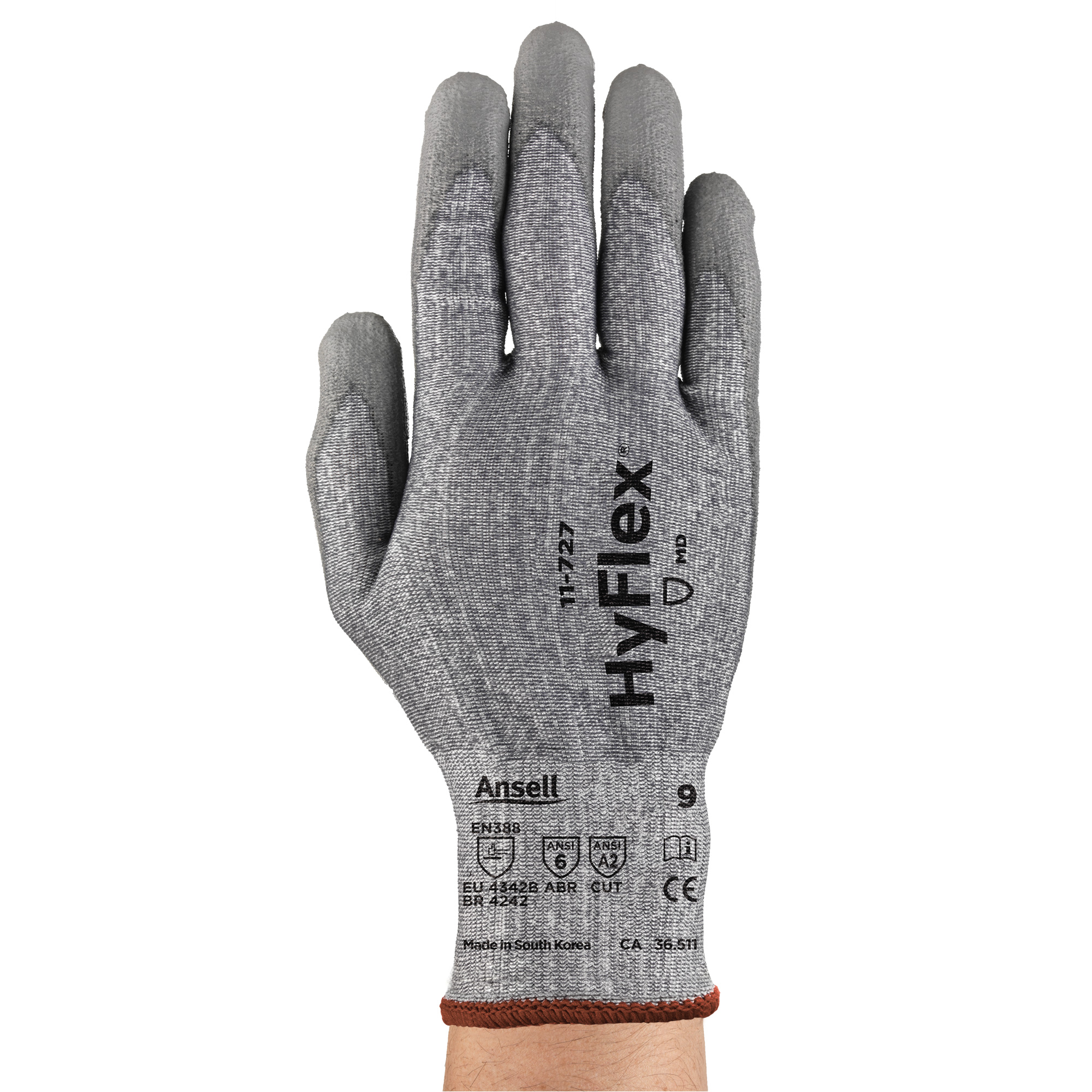 Gants résistant aux coupures HyFlexMD série 11-727, Taille 10, Calibre 15, Revêtement Polyuréthane, Enveloppe en InterceptMC, ASTM ANSI niveau A2/EN 388 niveau B