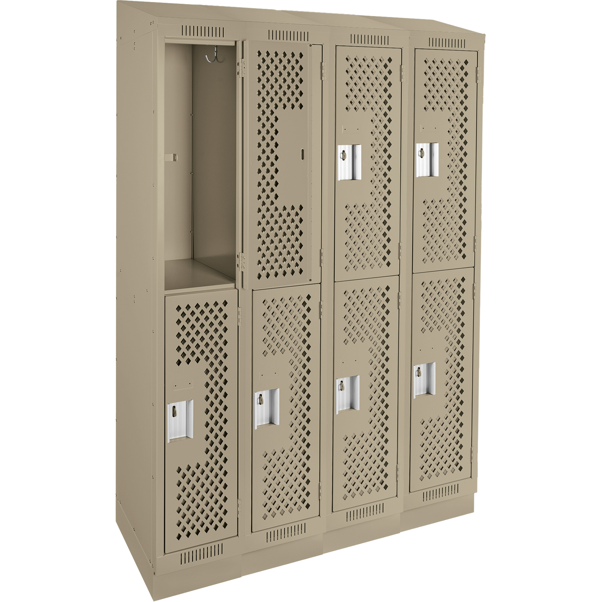 Casiers Clean LineMC, 2 niveaux, Bloc de 4, 48" x 12" x 82", Acier, Beige, Rivet (assemblé), Perforé – Image 3