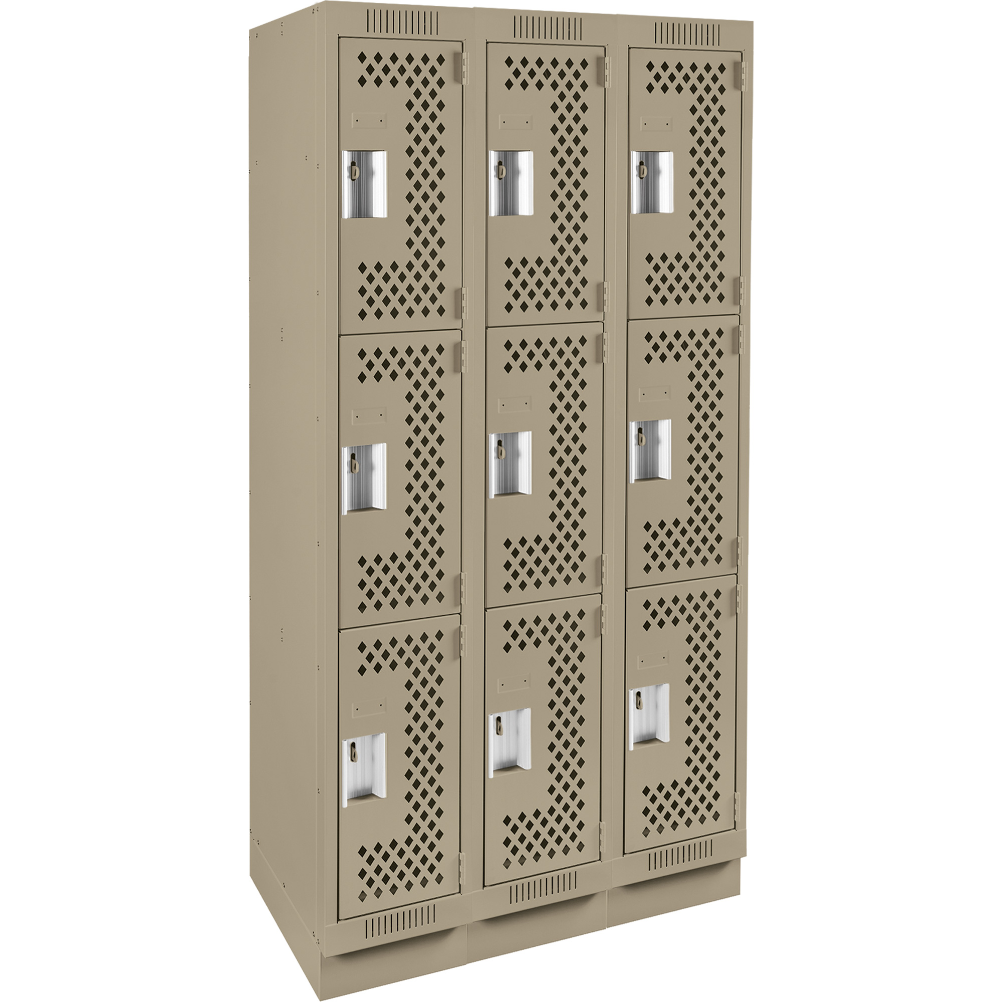 Casiers Clean LineMC, 3 niveaux, Bloc de 3, 36" x 12" x 76", Acier, Beige, Rivet (assemblé), Perforé