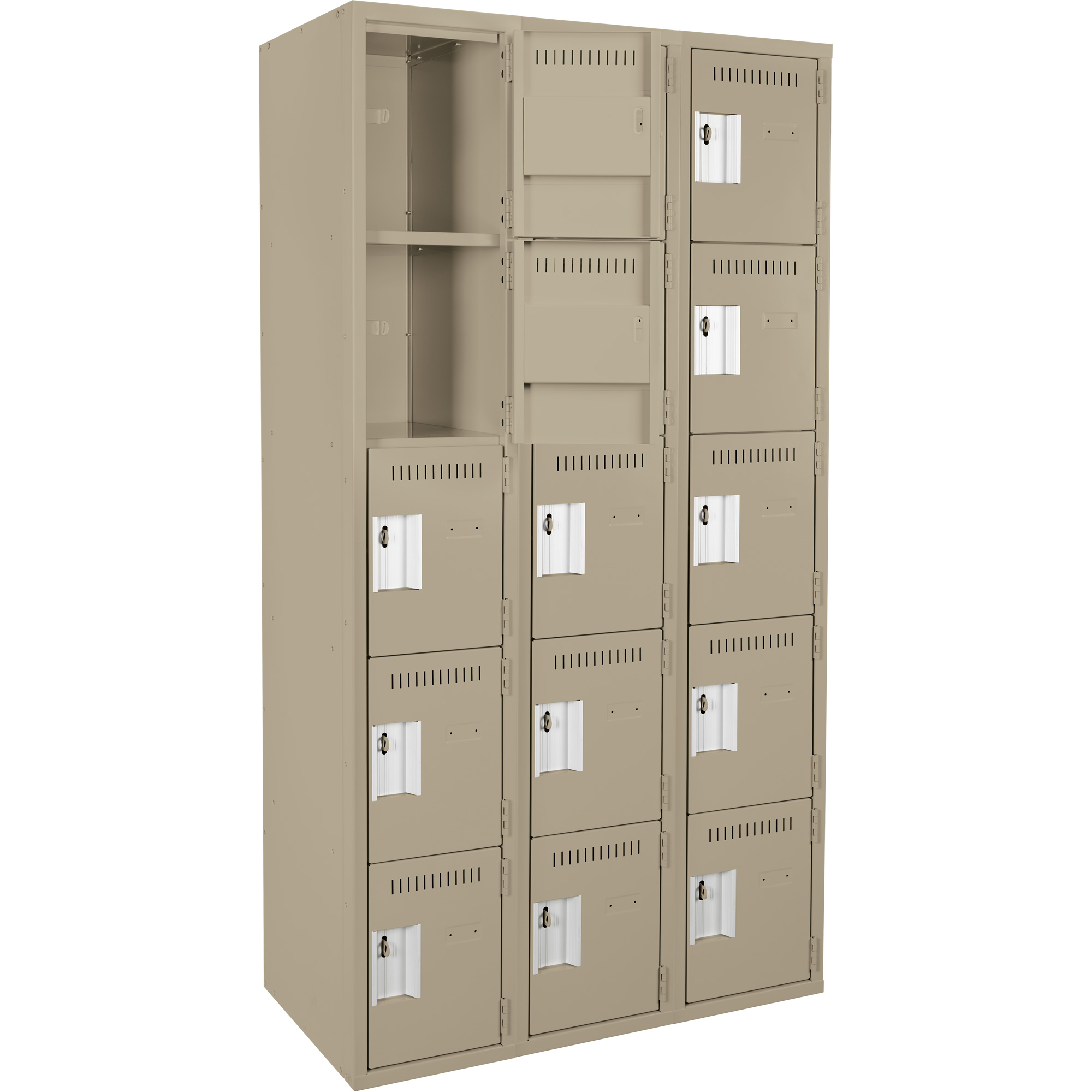 Casiers Clean LineMC, 5 niveaux, Bloc de 3, 36" x 18" x 72", Acier, Beige, Rivet (assemblé) – Image 3