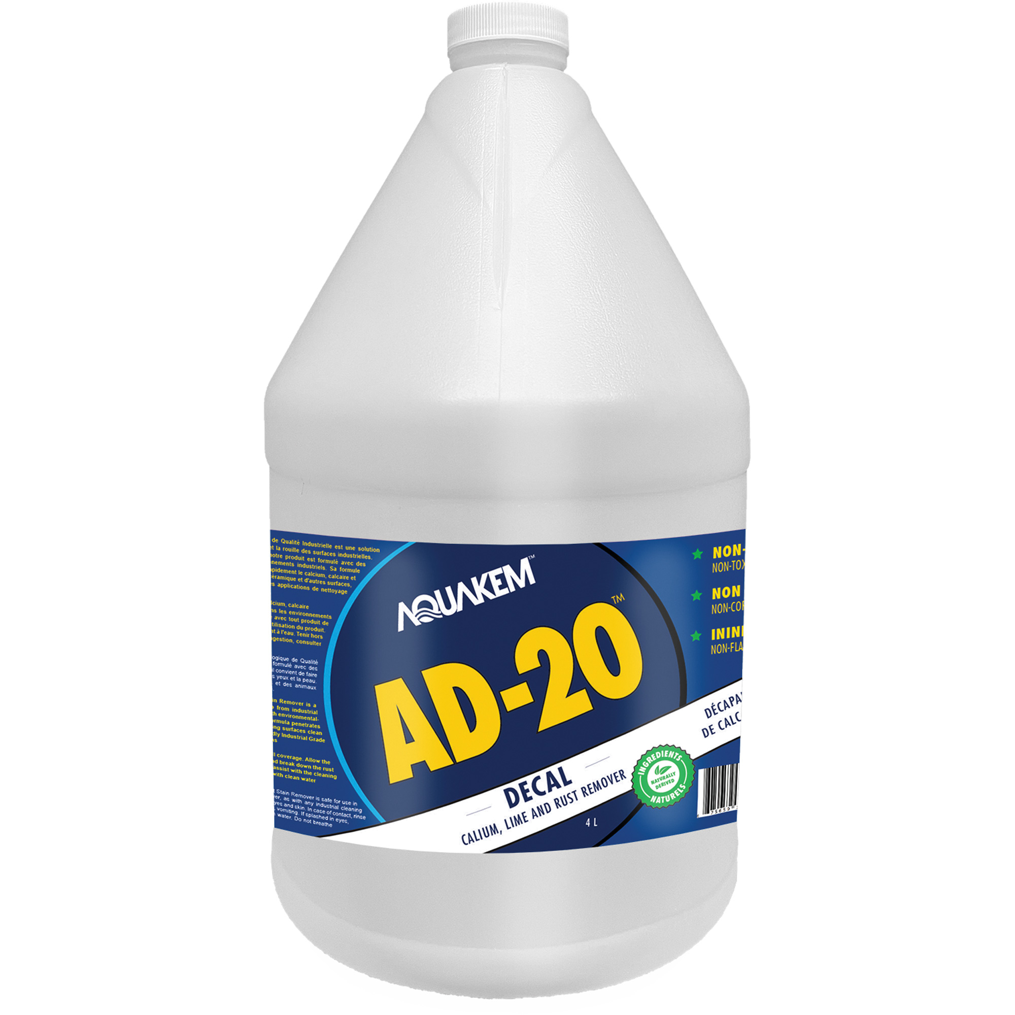 Détachant écologique de qualité industrielle pour le calcium, chaux et rouille AD2MC DecalMC étiquette blanche, Cruche