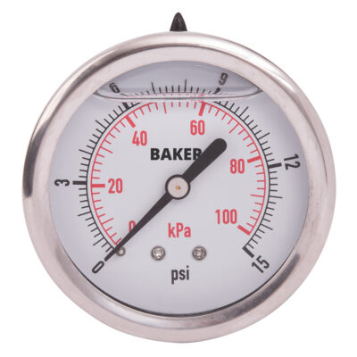 Manomètre, 2-1/2", 0 - 15 psi/0 - 100 kPa, Fixation arrière, Analogique rempli de liquide