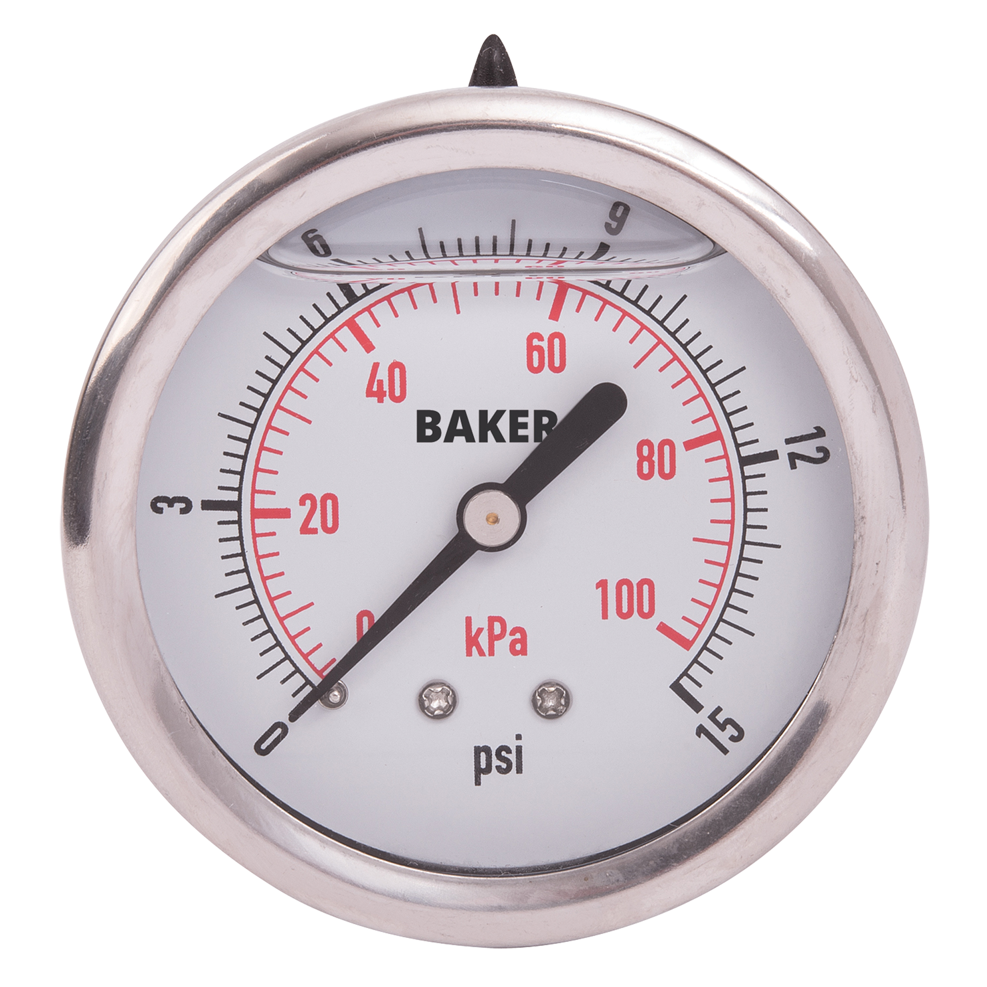 Manomètre, 2-1/2", 0 - 15 psi/0 - 100 kPa, Fixation arrière, Analogique rempli de liquide