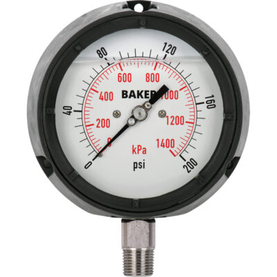 Manomètre, 4-1/2", 0 - 200 psi/0 - 1400 kPa, Fixation inférieure, Analogique rempli de liquide