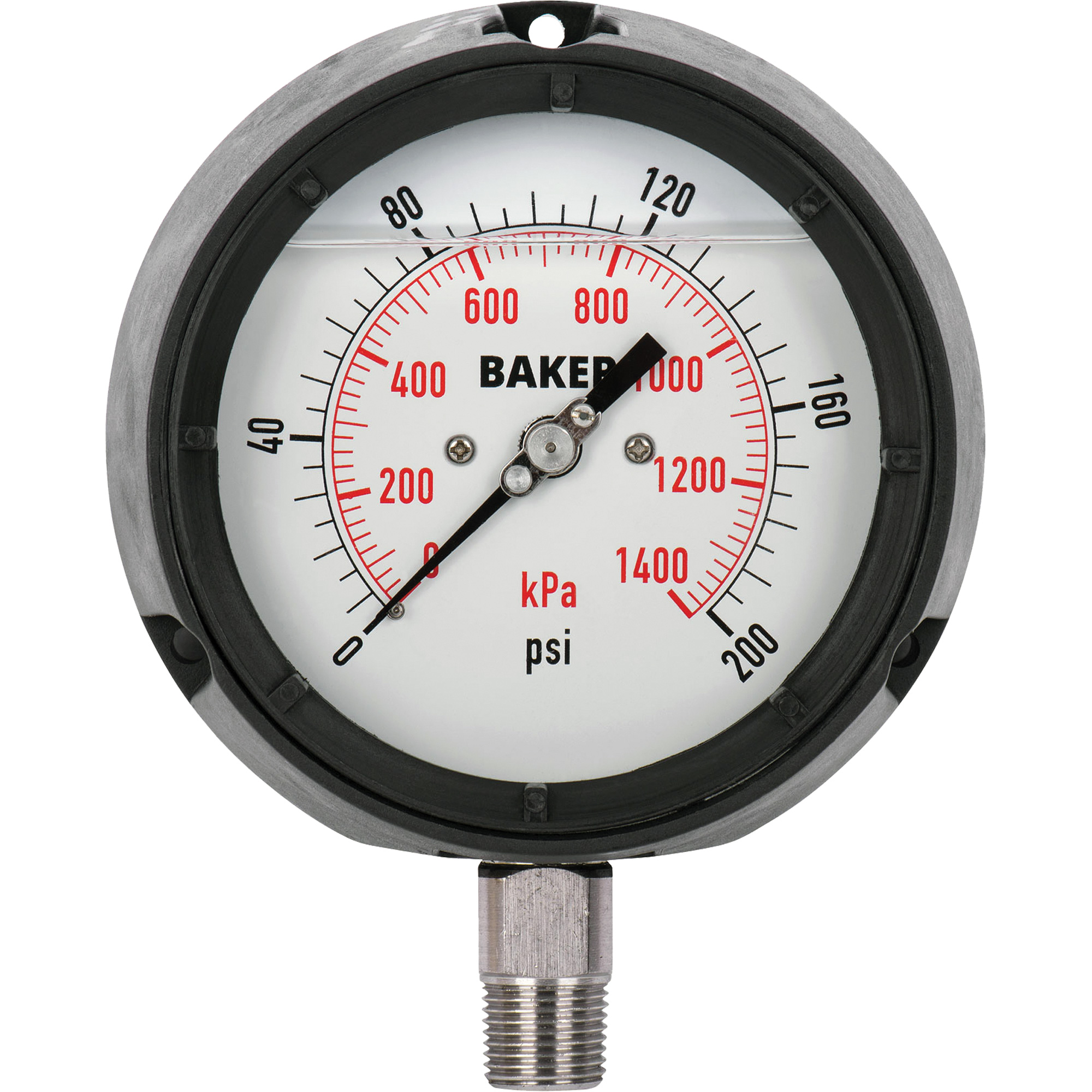 Manomètre, 4-1/2", 0 - 200 psi/0 - 1400 kPa, Fixation inférieure, Analogique rempli de liquide
