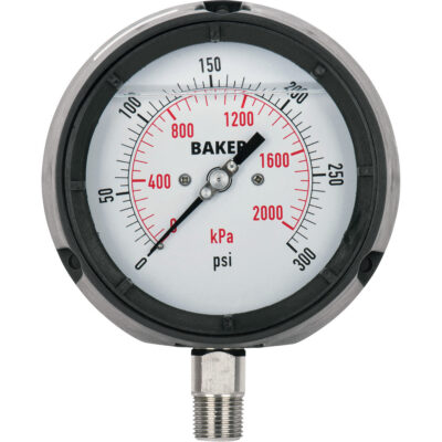 Manomètre, 4-1/2", 0 - 15 psi/0 - 100 kPa, Fixation inférieure, Analogique rempli de liquide