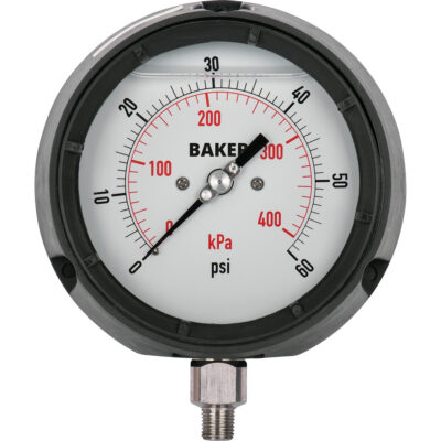 Manomètre, 4-1/2", 30" 0 Hg Vac, Fixation inférieure, Analogique rempli de liquide