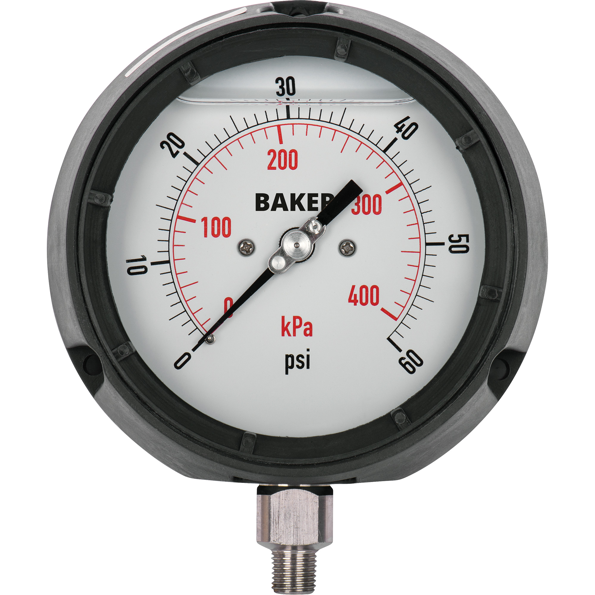 Manomètre, 4-1/2", 30" 0 Hg Vac, Fixation inférieure, Analogique rempli de liquide