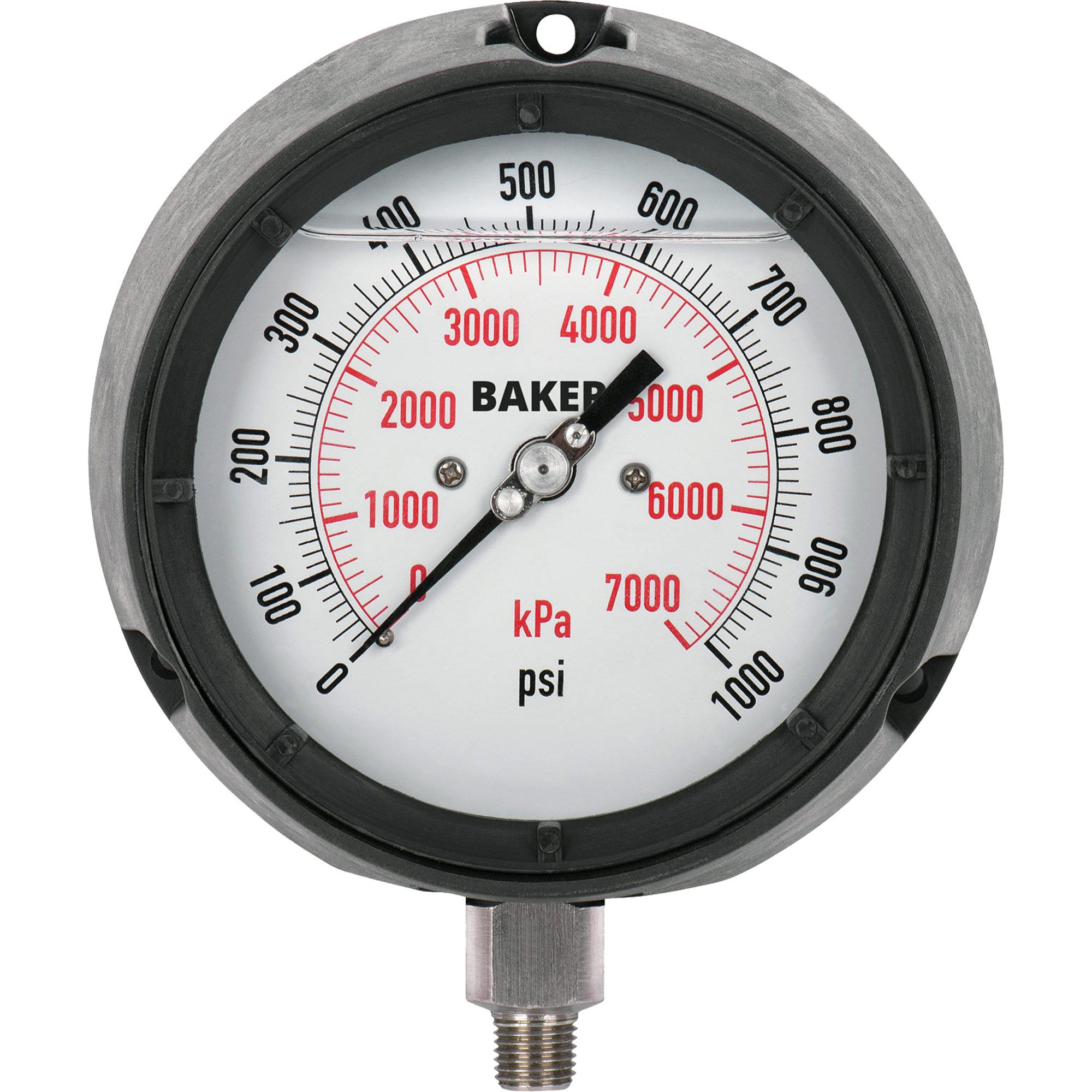 Manomètre, 4-1/2", 0 - 1000 psi, Fixation inférieure, Analogique rempli de liquide