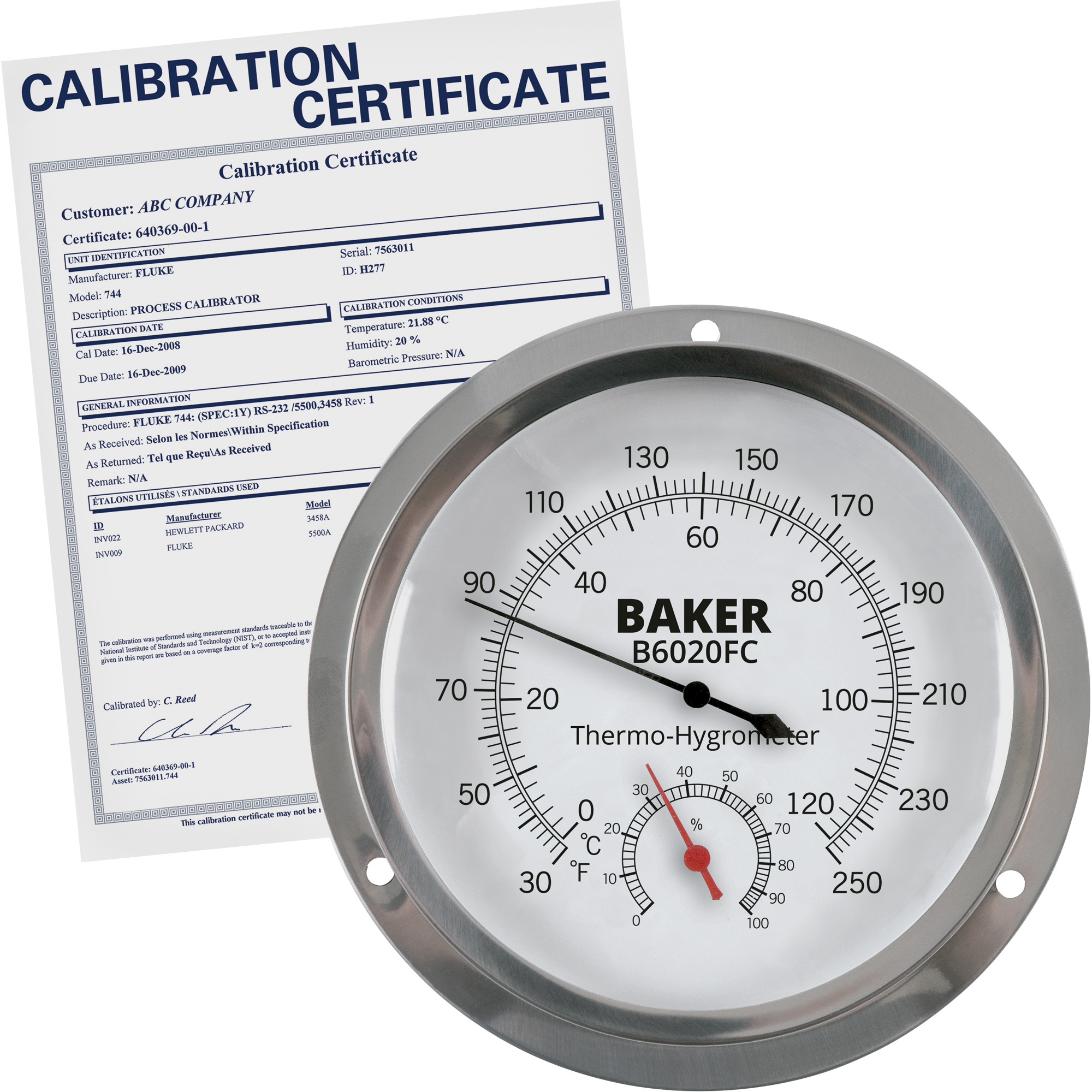 Thermo-hygromètre à cadran avec certificat ISO, 0,0% - 100% RH, 30 - 250°F (0 - 120°C)