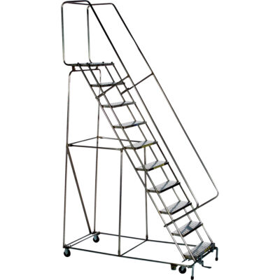 Échelles roulantes à marche verrouillable, 10 marches, Largeur de la marche 24", Hauteur de la plateforme 100", Acier inoxydable