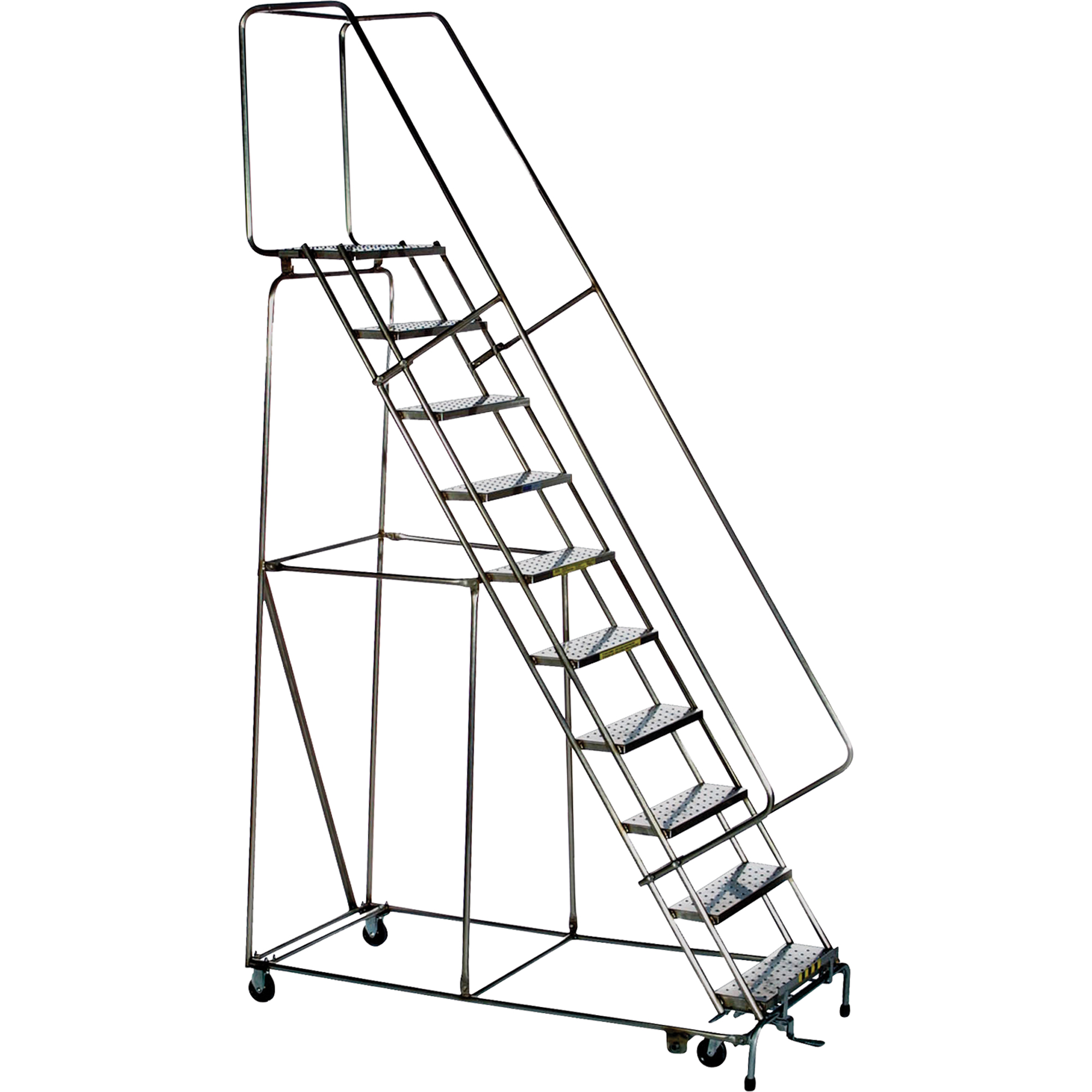 Échelles roulantes à marche verrouillable, 10 marches, Largeur de la marche 24", Hauteur de la plateforme 100", Acier inoxydable