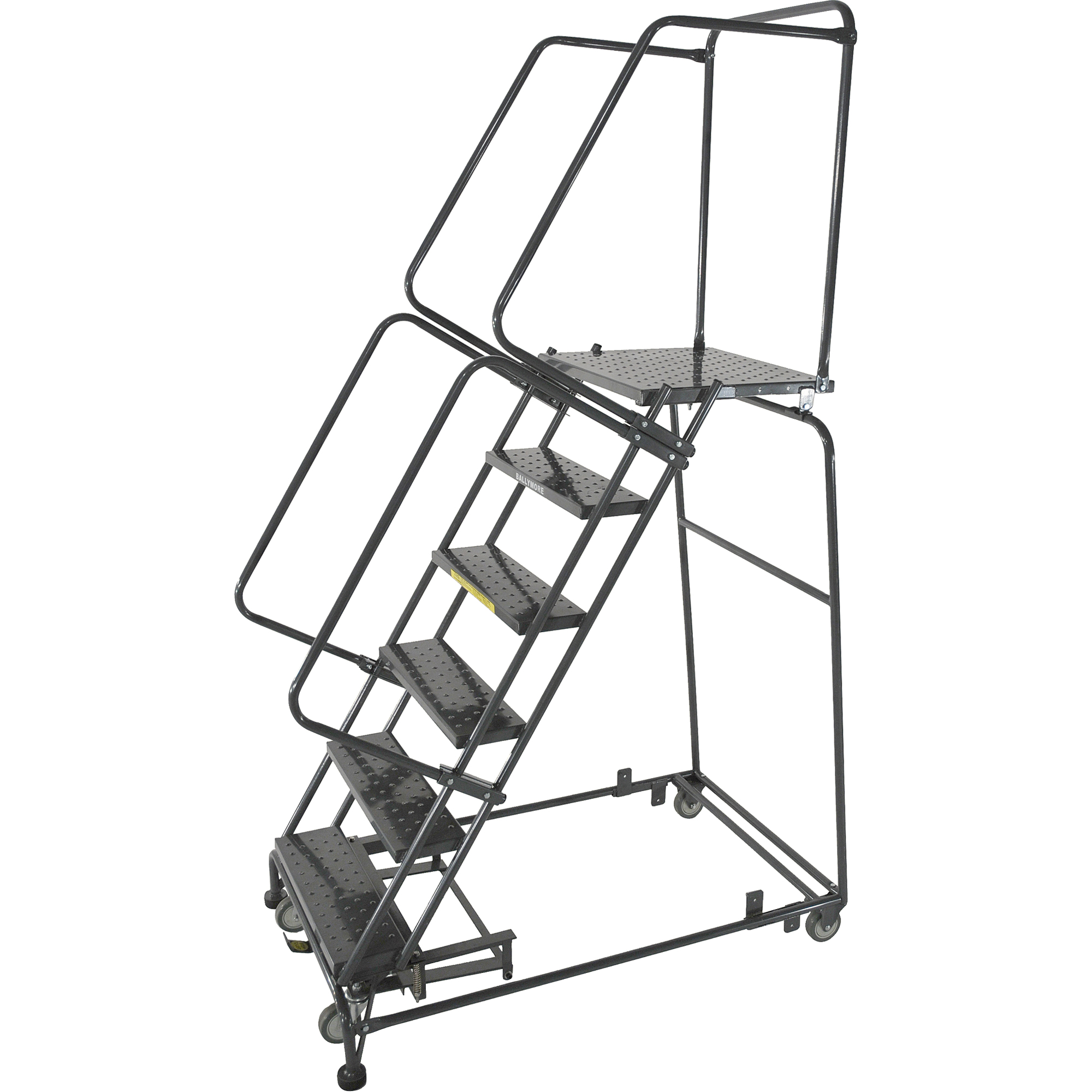 Échelles roulantes avec pied verrouillable activé par le poids, 10 marches, Largeur de la marche 24", Hauteur de la plateforme 100", Acier