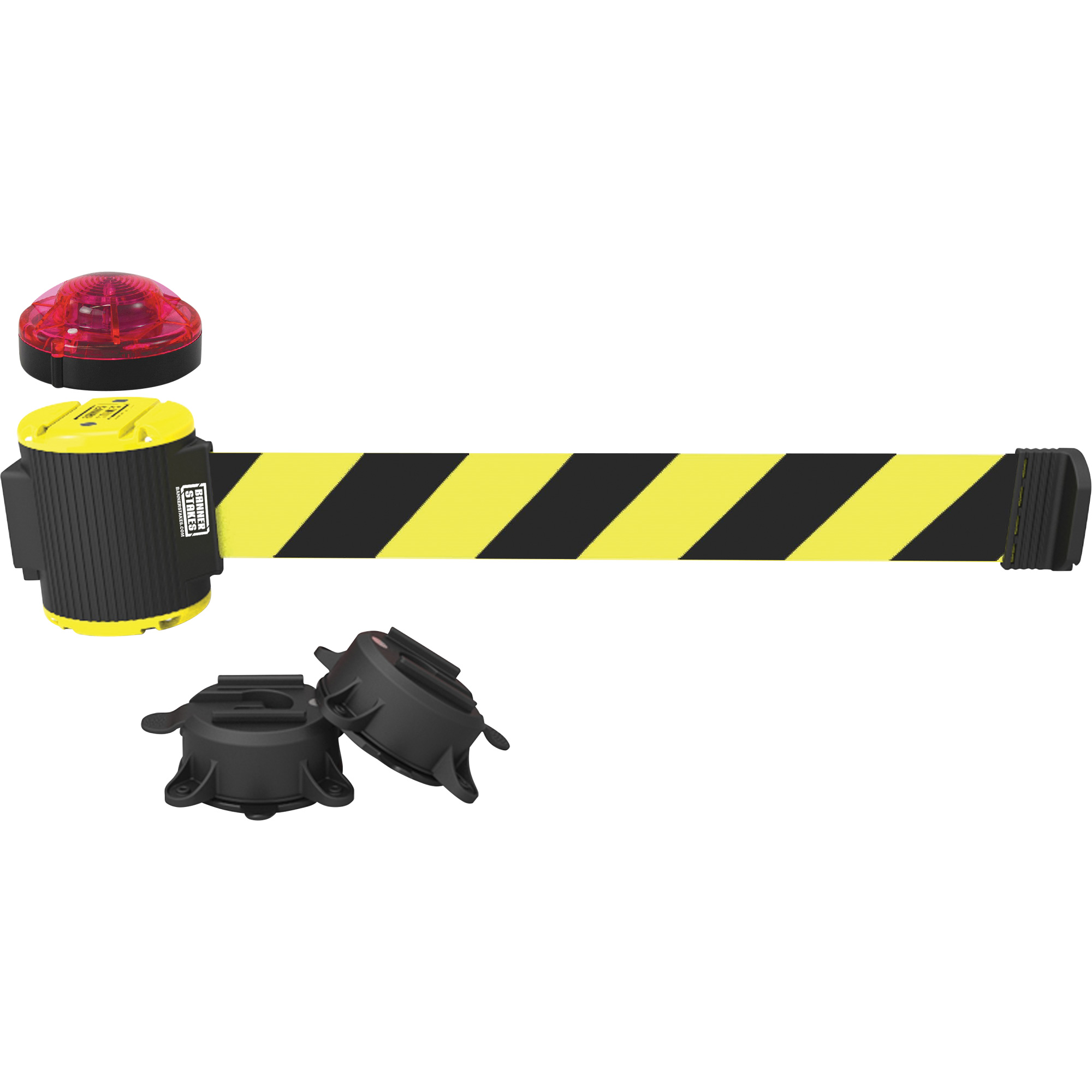 Barrière à fixation murale avec ensemble d'éclairage, Plastique, Fixation magnétique, 30', Ruban Noir et jaune