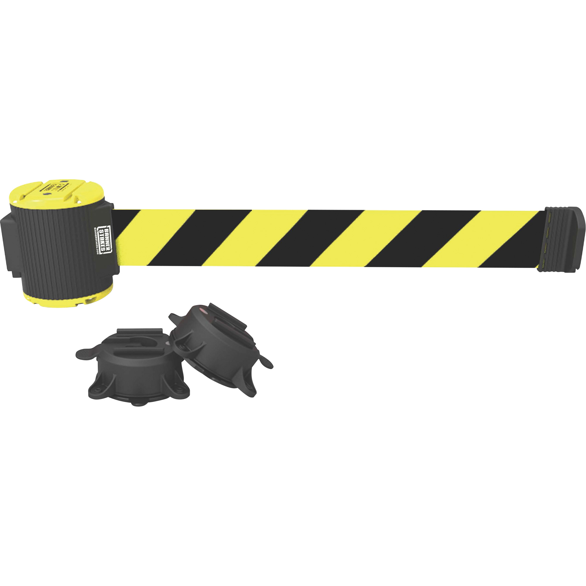 Barrière à fixation murale, Plastique, Fixation magnétique, 30', Ruban Noir et jaune
