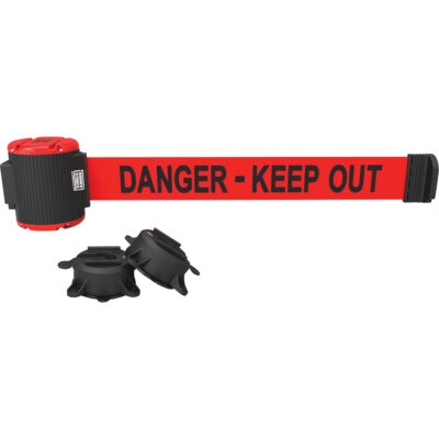 Barrière à fixation murale, Plastique, Fixation magnétique, 30', Ruban Rouge